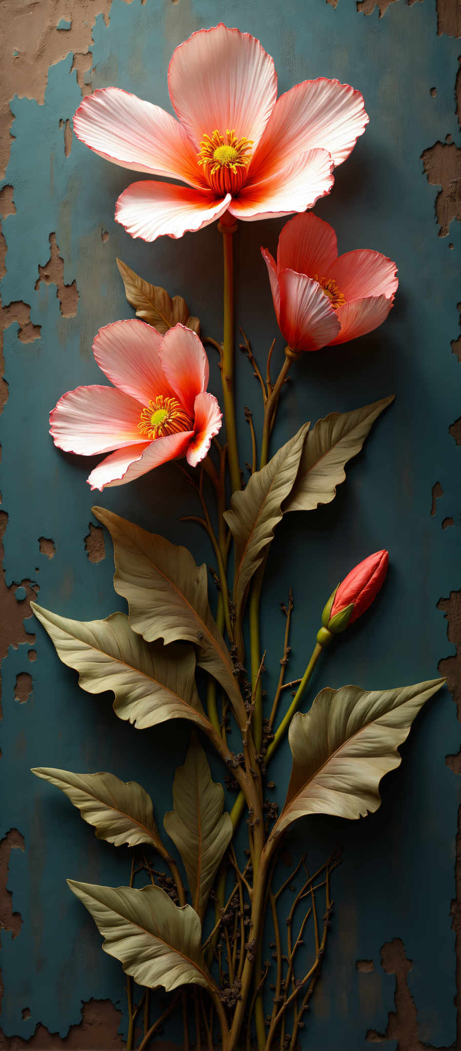 A painting of three red flowers with green leaves.