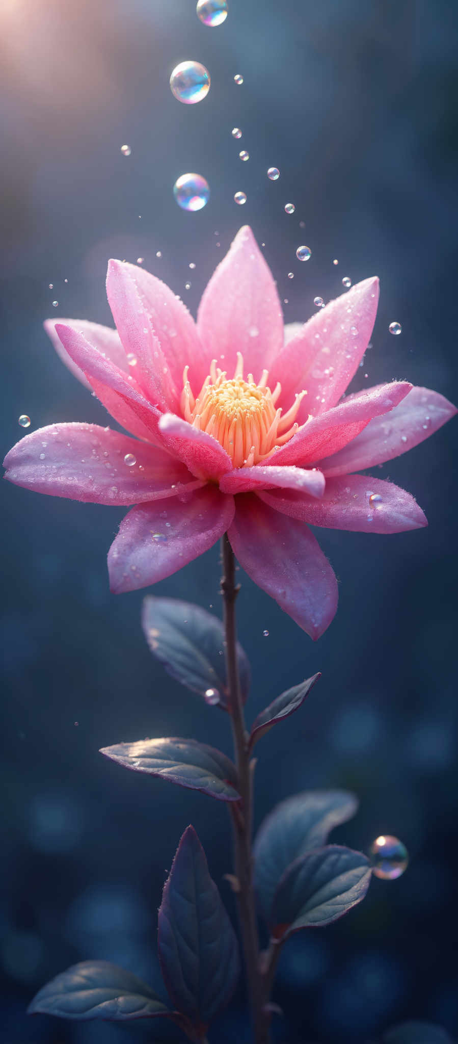 A pink flower with a yellow center is surrounded by water droplets.