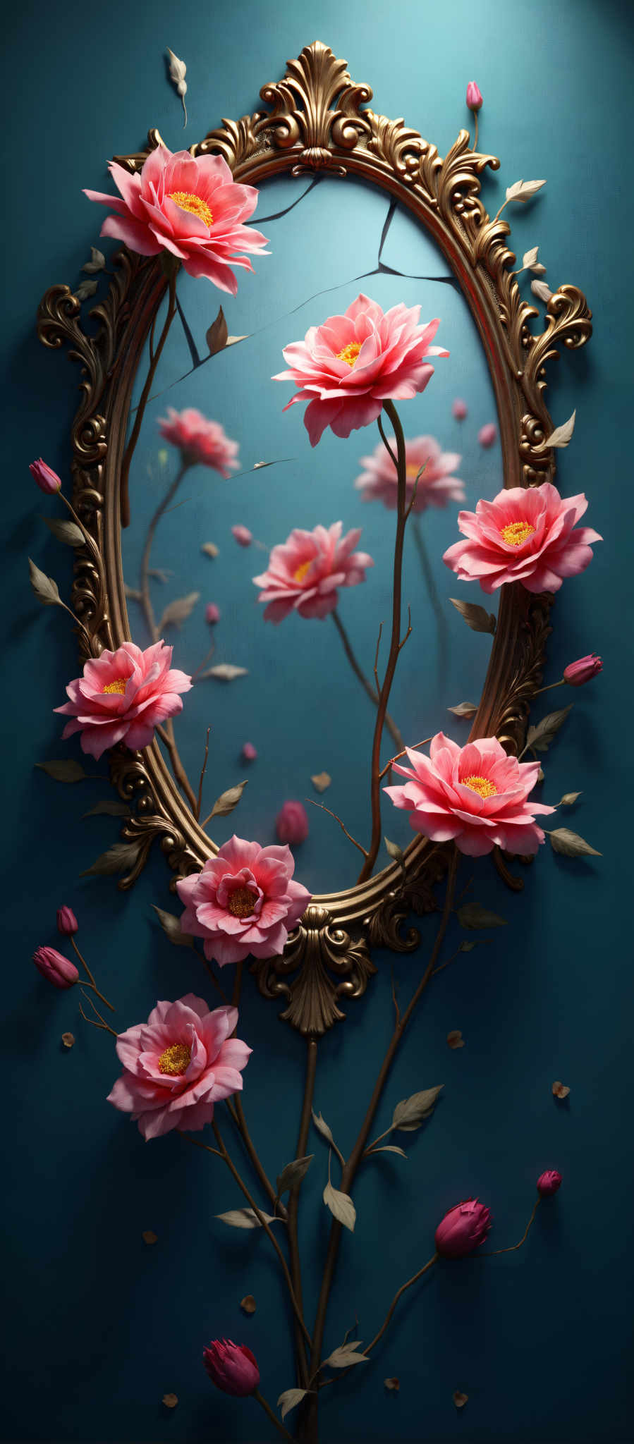 A mirror with pink flowers on it.