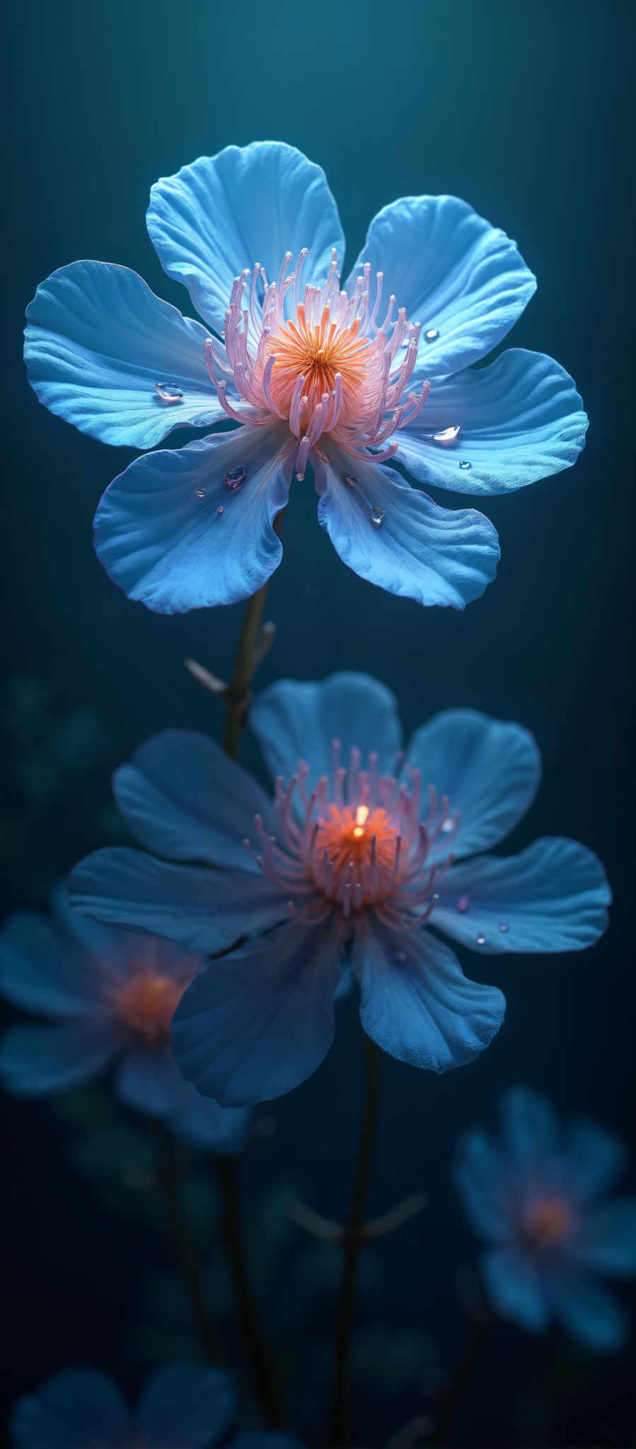 A close up of two blue flowers with pink centers.