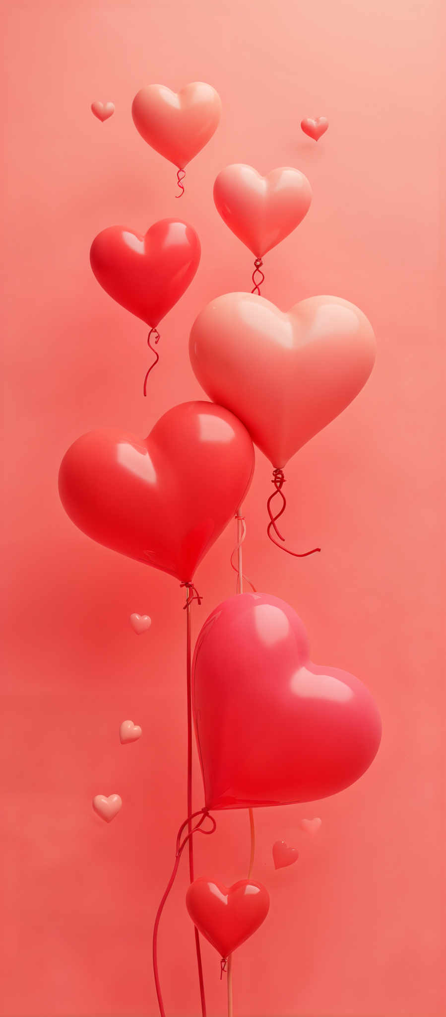 A group of red heart-shaped balloons are floating in the air.