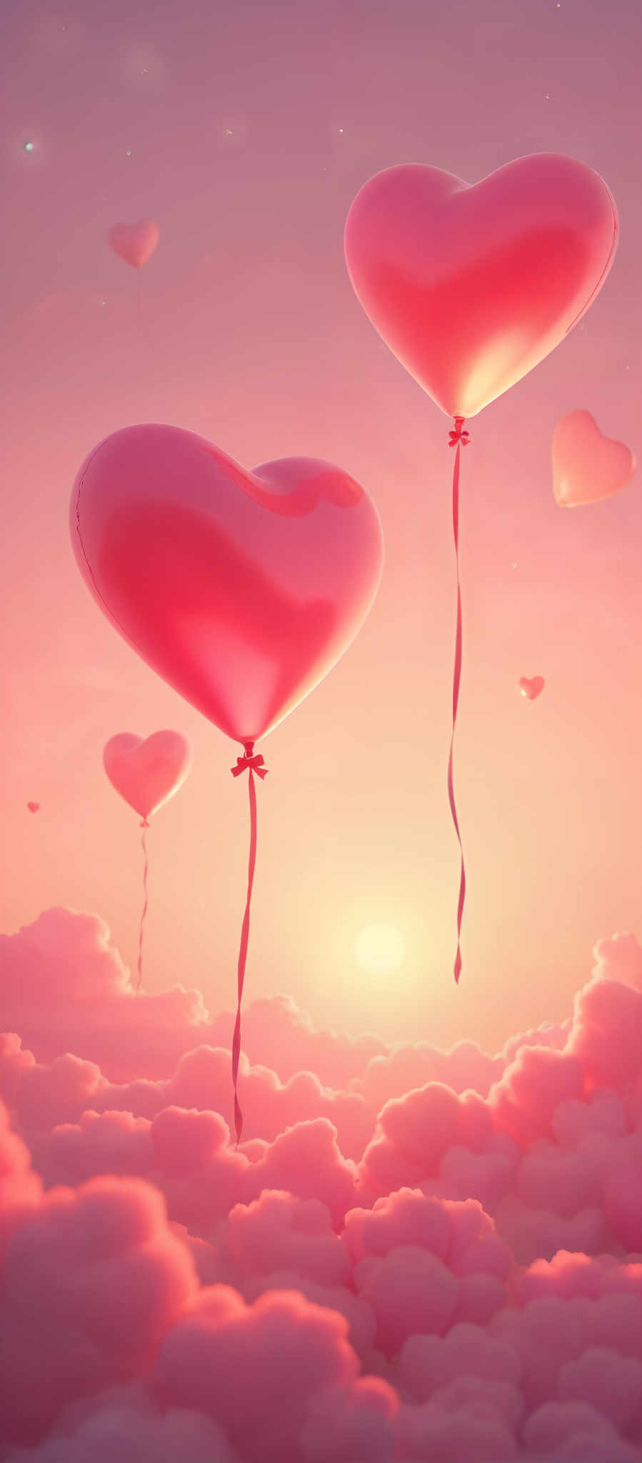 A heart-shaped balloon floats in the sky surrounded by other heart-shaped balloons.