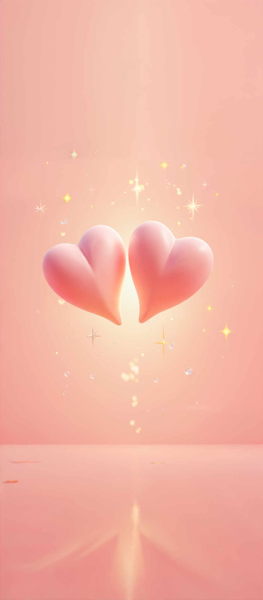 Two pink hearts are floating in a pink background.