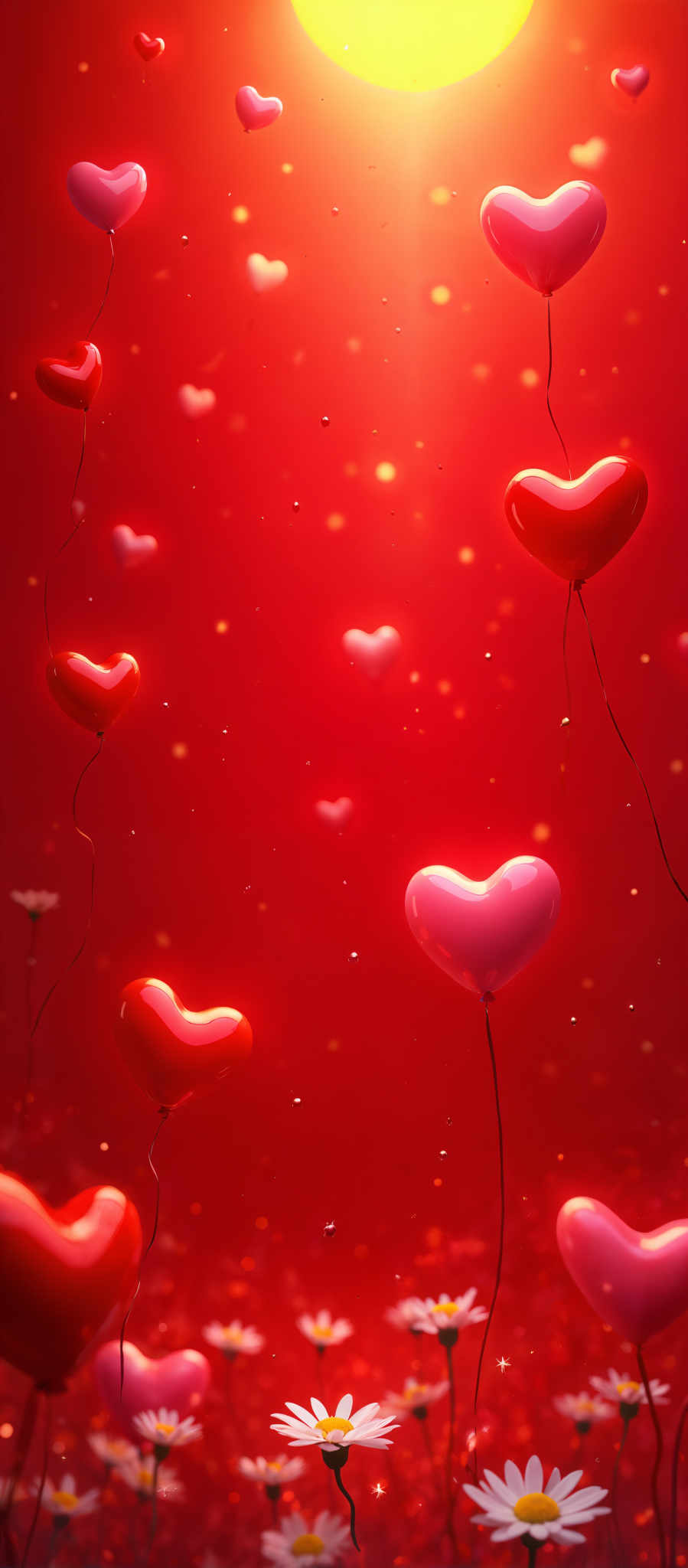 A close up of red hearts floating in a red background.