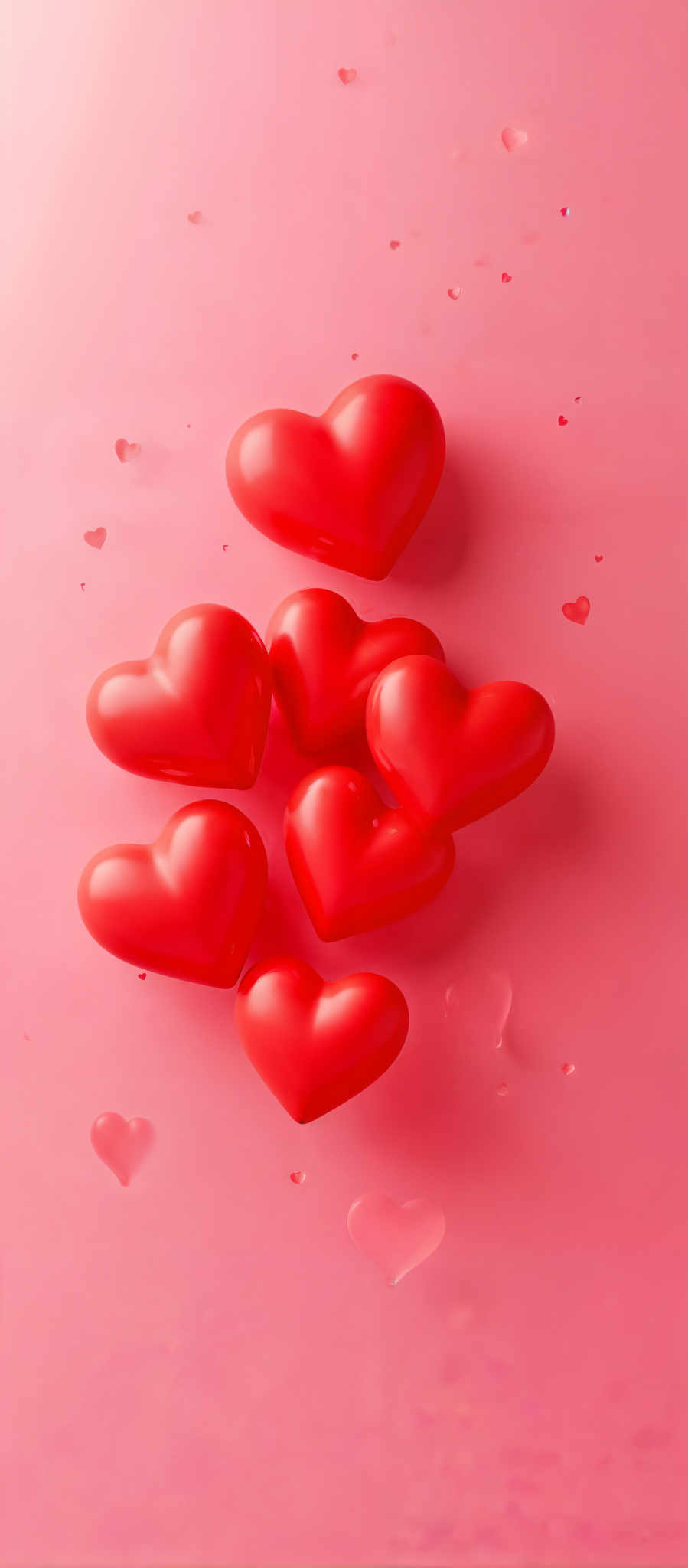 A collection of red hearts are scattered across a pink background.