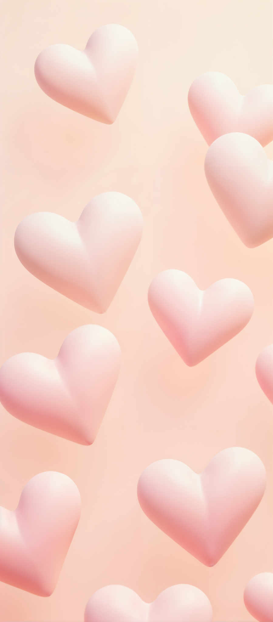 The image presents a delightful array of nine pink hearts each varying in size and shape set against a light pink backdrop. The hearts are arranged in a diagonal line creating a sense of movement and rhythm. The largest heart is positioned at the top left gradually decreasing in size as we move towards the right. The smallest heart is at the bottom right adding a sense balance to the composition. The background is a light peach color providing a soft contrast to the vibrant pink of the hearts. The image is a beautiful representation of love and affection captured in the form of hearts.