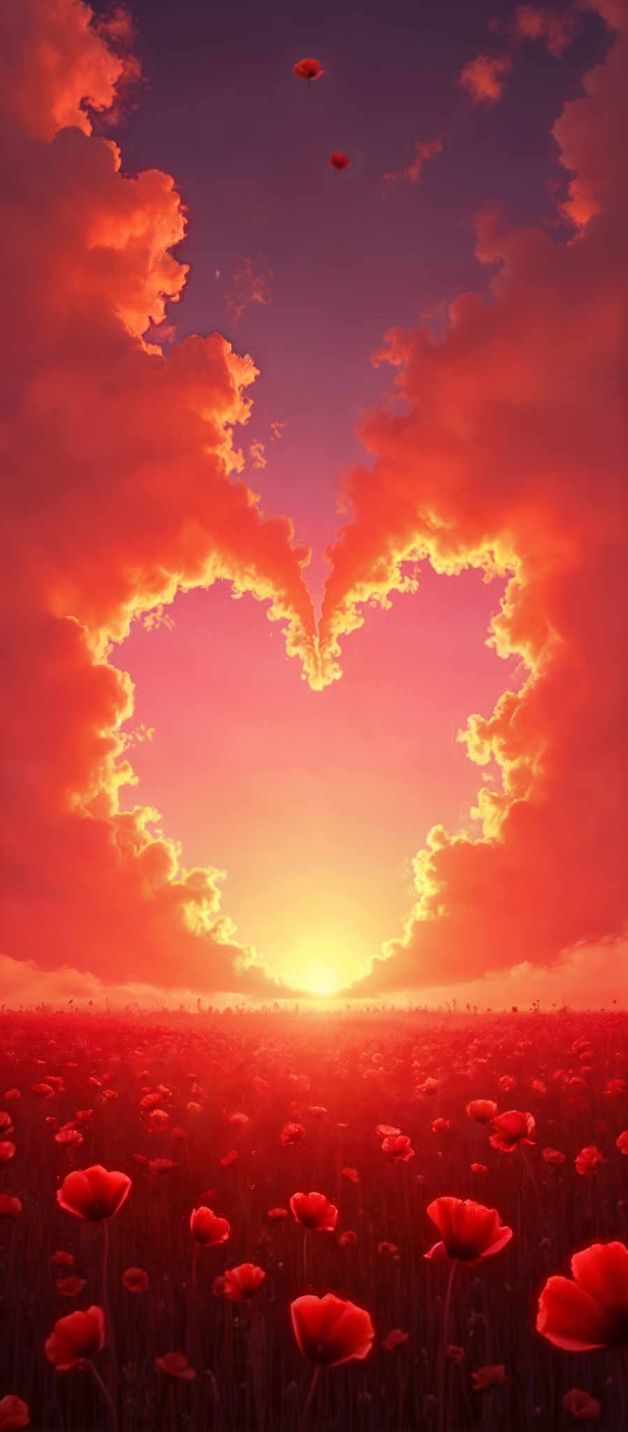 A heart-shaped cutout of a sunset with a bright orange sky and fluffy white clouds.