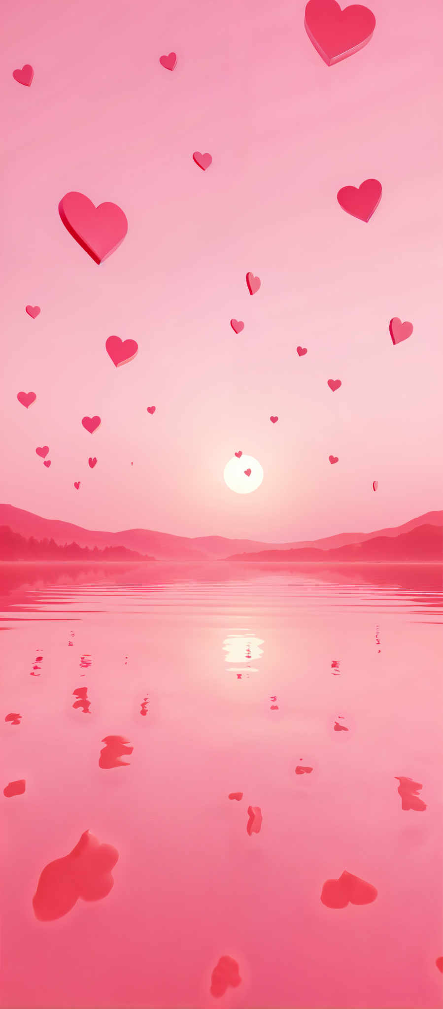 A pink sunset with hearts floating in the sky.