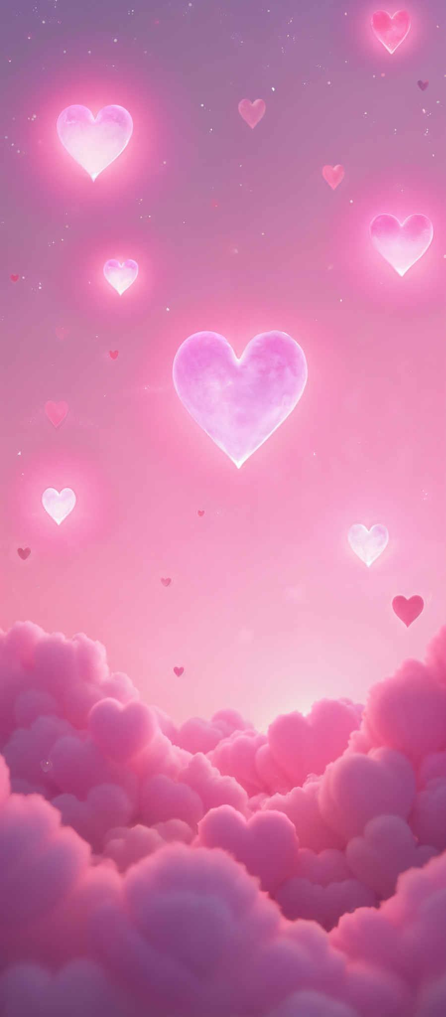 A heart-shaped object is floating in the sky surrounded by smaller hearts.