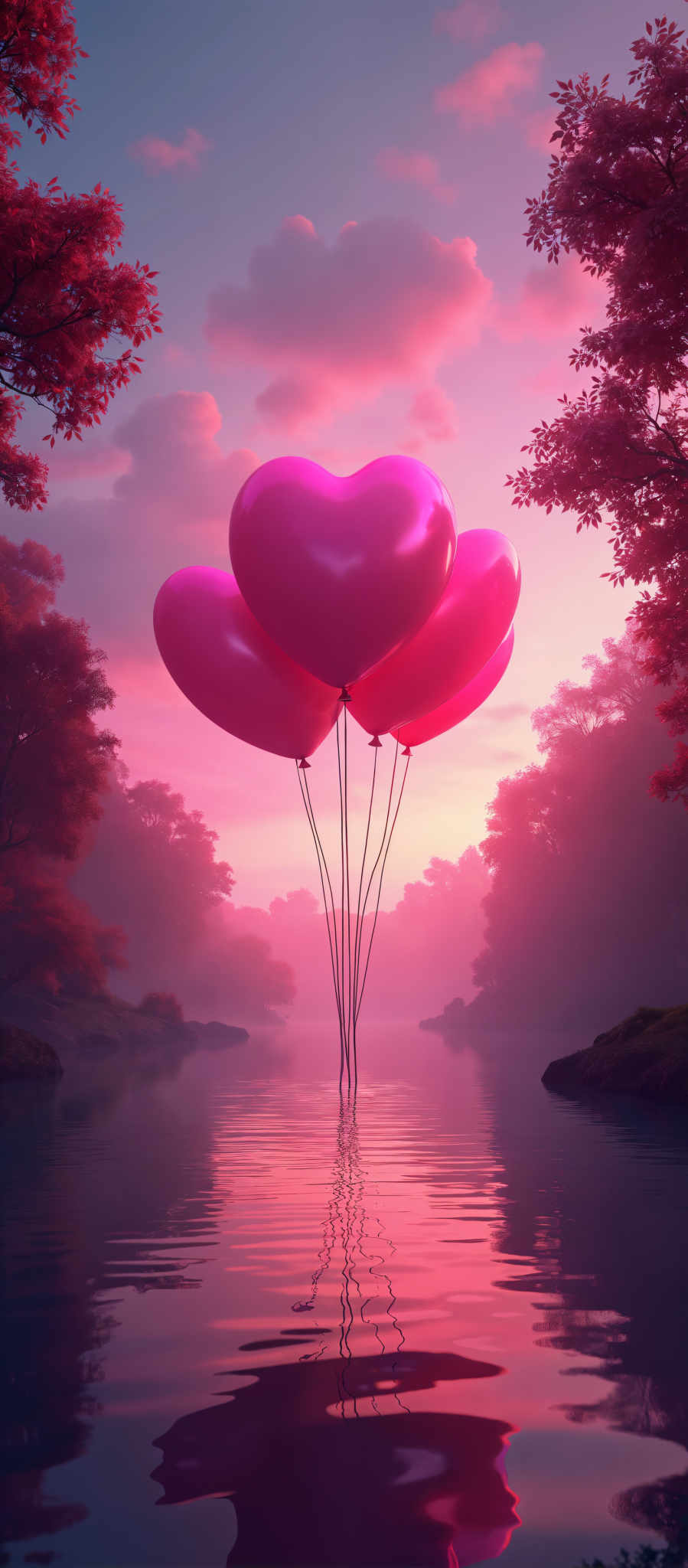 A group of three pink heart-shaped balloons floating in the air over a body of water.