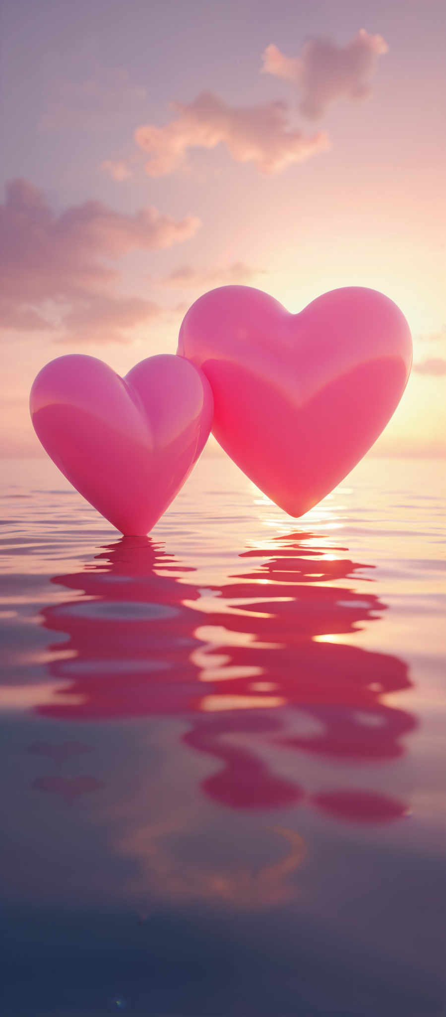 Two pink hearts floating on a body of water.