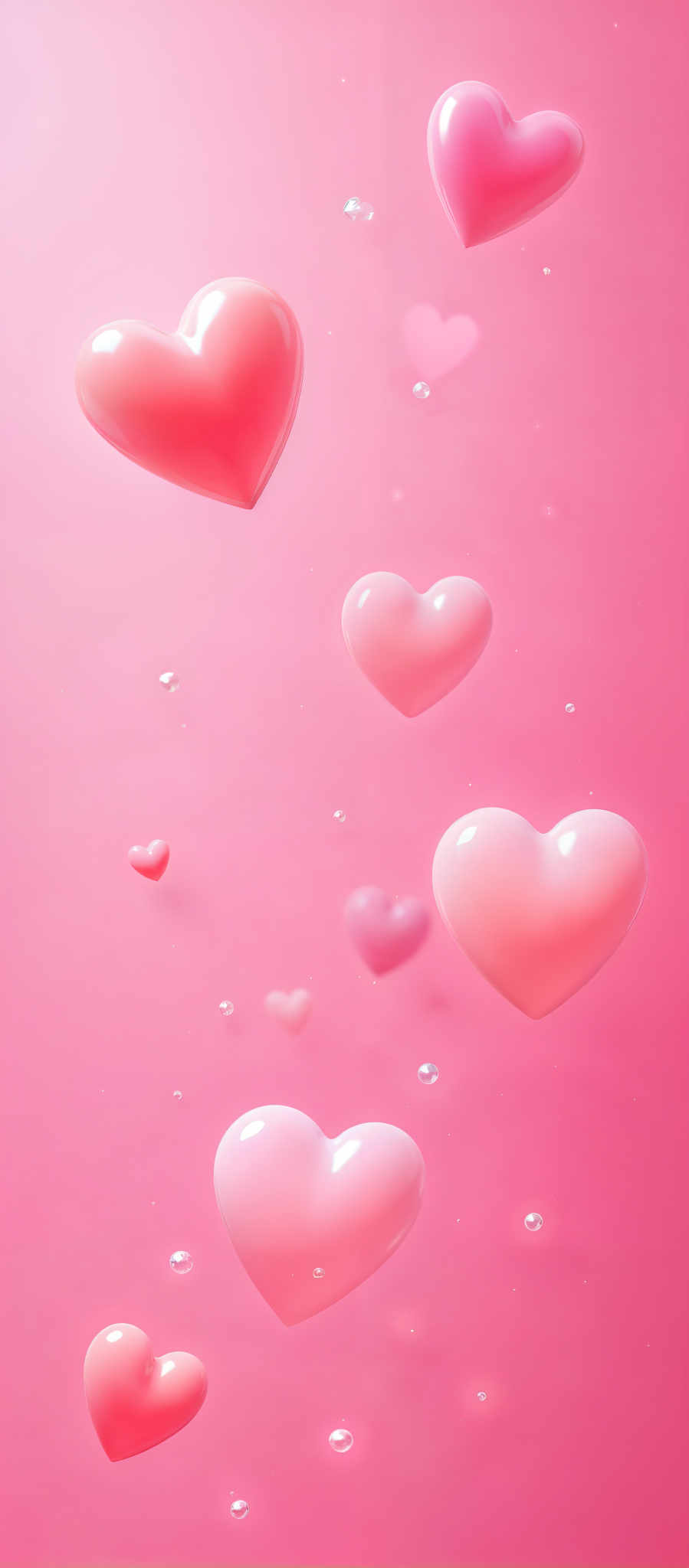 A pink background with hearts and bubbles floating around.