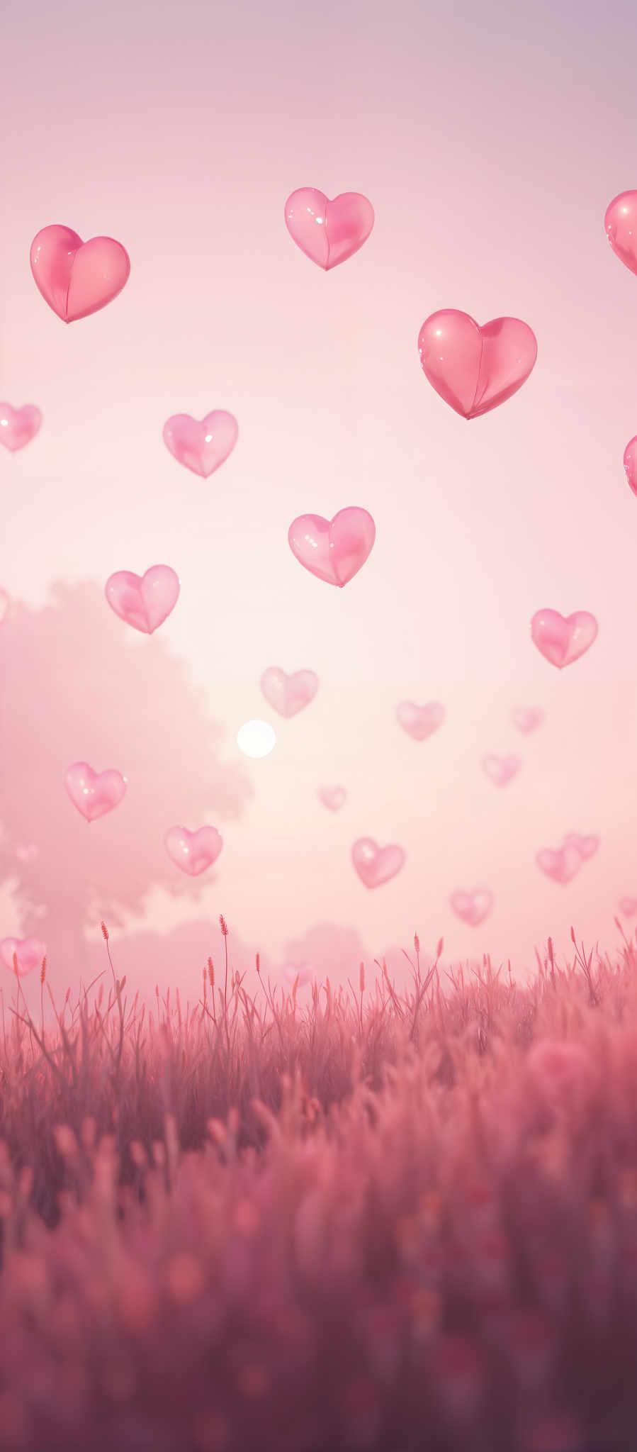 A pink sky with hearts floating in it.