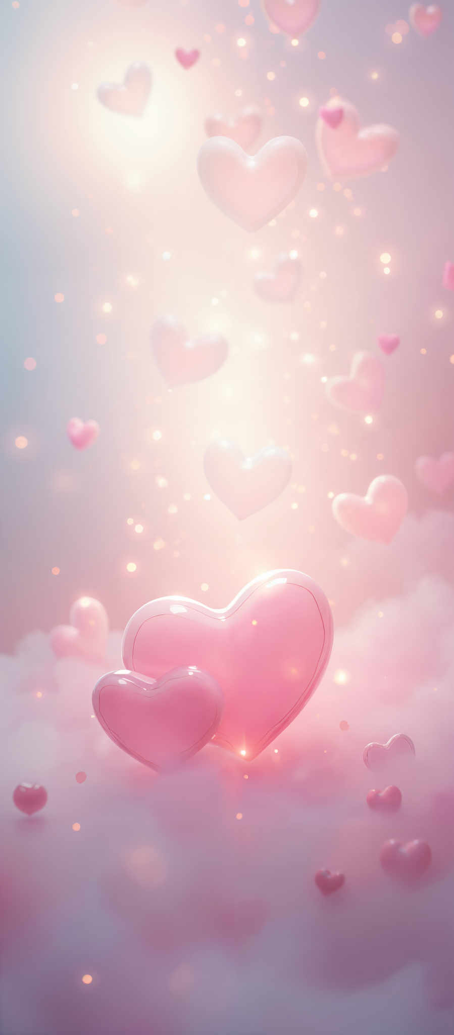 A heart-shaped object is the central focus of this image. It is surrounded by numerous smaller hearts all of which are pink and appear to be floating in the air. The background is a gradient of pink and white with a bokeh effect that gives the impression of a cloudy sky. The heart-shaped objects are the only elements in the image and they are all identical in shape and color. The image does not contain any text or other discernible objects. The relative positions of the hearts suggest a sense of depth and three-dimensionality with the larger heart in the foreground and the smaller hearts receding into the background. The overall effect is a dreamy ethereal atmosphere.