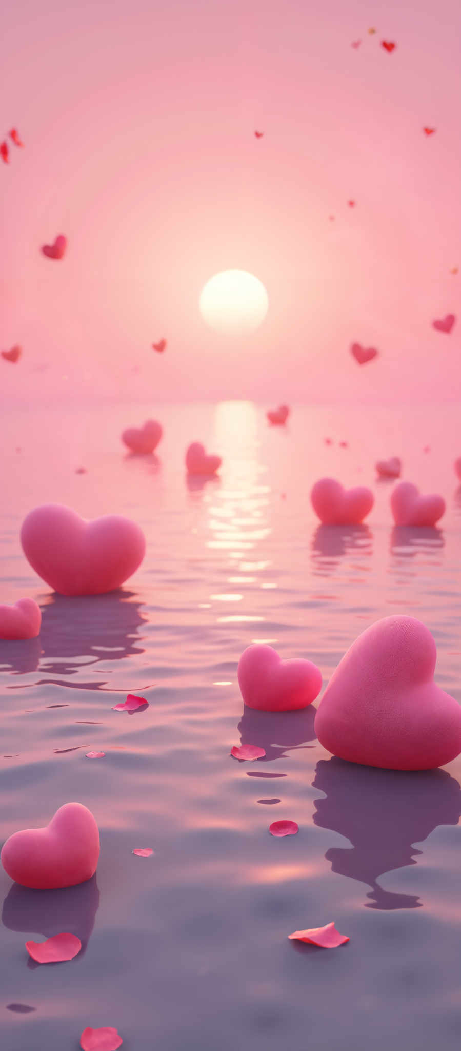 A pink heart floating in a body of water with other hearts floating around it.