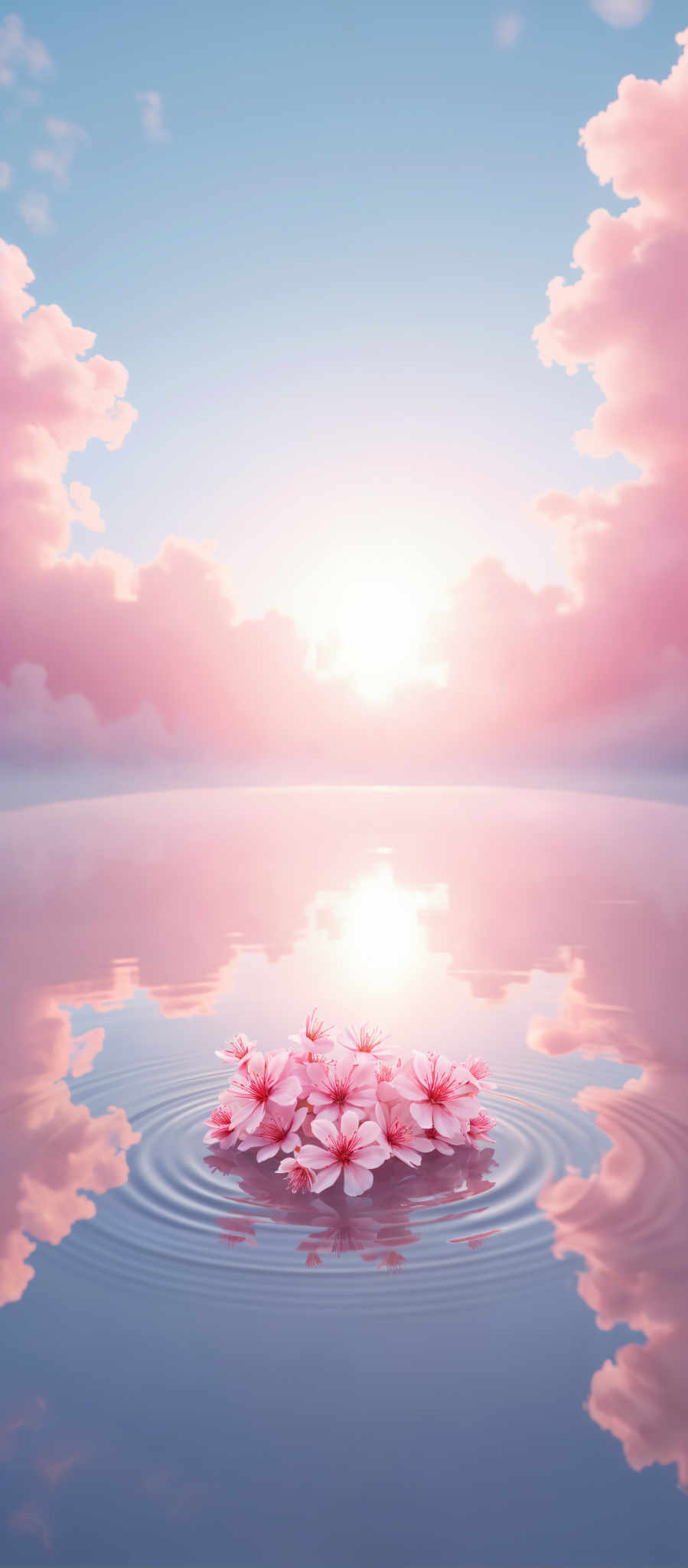 A serene scene of a lake with pink flowers floating on the water. The lake is surrounded by a sky filled with clouds and the sun is shining brightly in the background. The flowers are in the foreground adding a touch of color to the scene. The image is a beautiful representation of nature's tranquility.