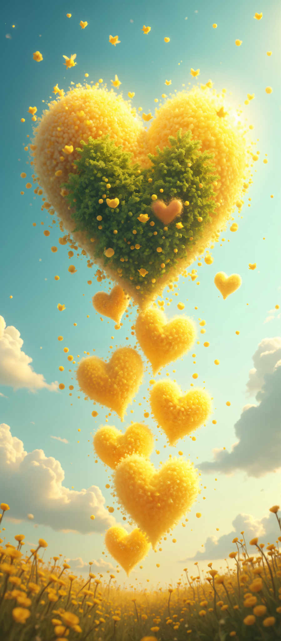 A heart-shaped cloud floats in the sky surrounded by a flurry of yellow hearts.