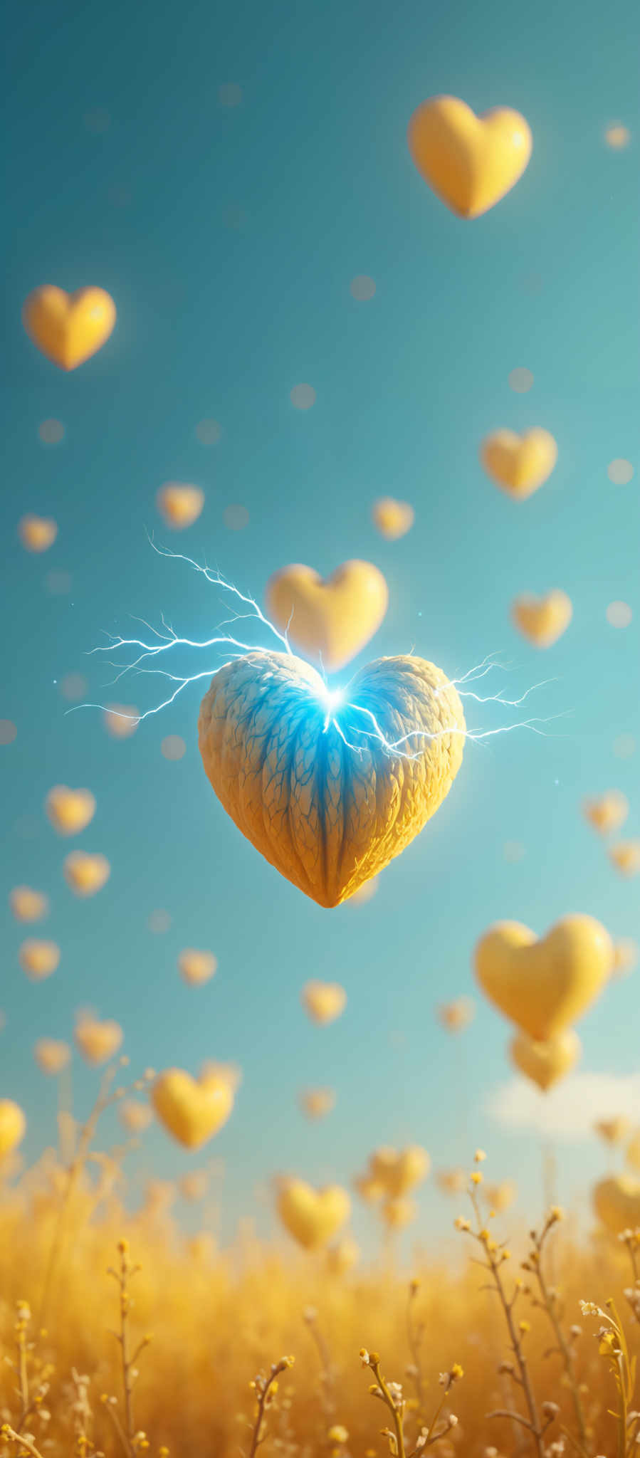 A heart-shaped object with a blue light in the center is surrounded by yellow hearts.