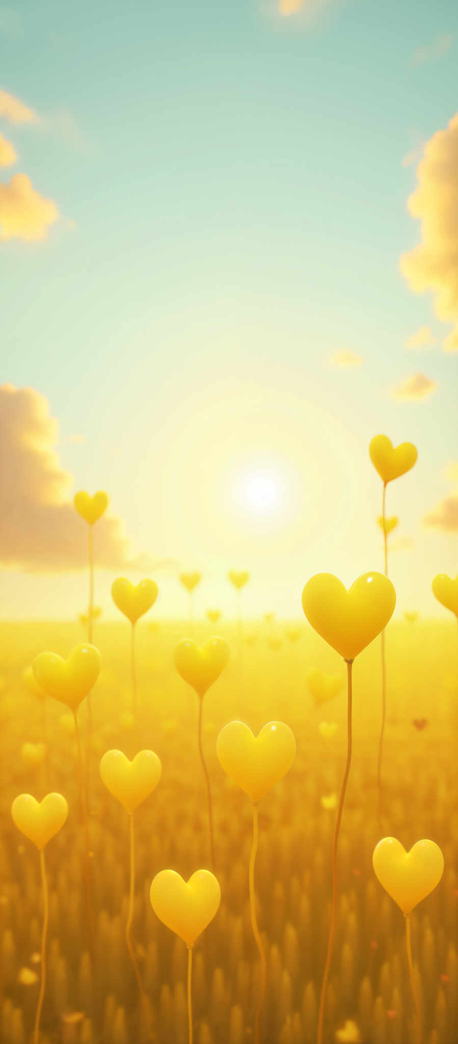 A field of yellow hearts with a bright sun in the background.