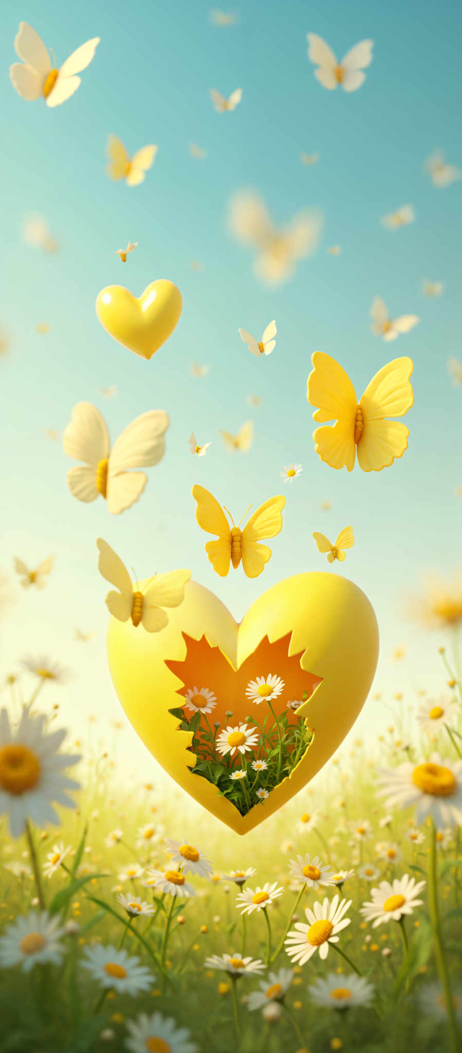 The image is a beautiful representation of love and nature. It features a heart which is the central object in the image surrounded by butterflies and flowers. The heart is not just a simple shape but it's made up of two halves each half representing a different color - one is yellow and the other is orange. These colors are vibrant and stand out against the background.

The butterflies which are yellow and white are scattered around the heart adding a sense of movement and life to the image.

The flowers which include white and yellow daisies are also scattered around further enhancing the natural theme of the heart. The background of the photo is a light blue color which provides a calm and serene atmosphere.

Overall the image is an artistic representation of the beauty of love nature and the connection between the two. It's a visual metaphor for the love that can be found in nature symbolized by the heart and the butterflies and the flowers.