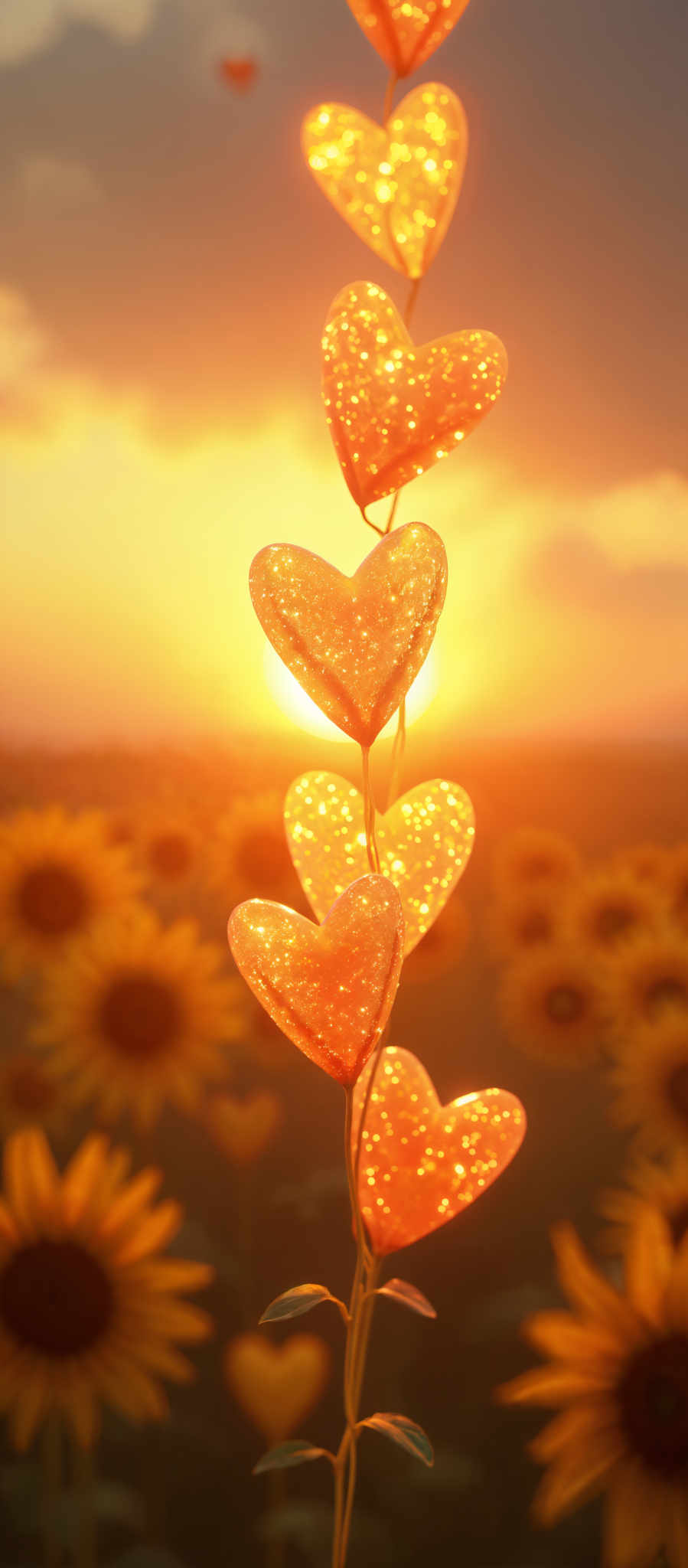 A heart-shaped ornament is hanging from a string. The ornament is made of a shiny golden material and is shaped like a heart. It is hanging in front of a field of sunflowers. The sunflowers are yellow and have black centers. The sky is orange and the sun is setting. The heart-shaped object is the main focus of the photo.