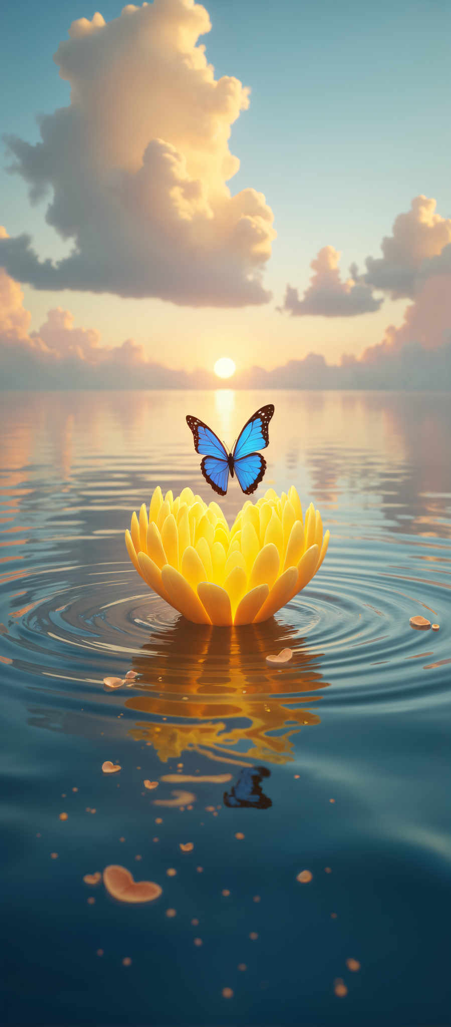 A blue butterfly is perched on a yellow flower in the middle of a body of water.