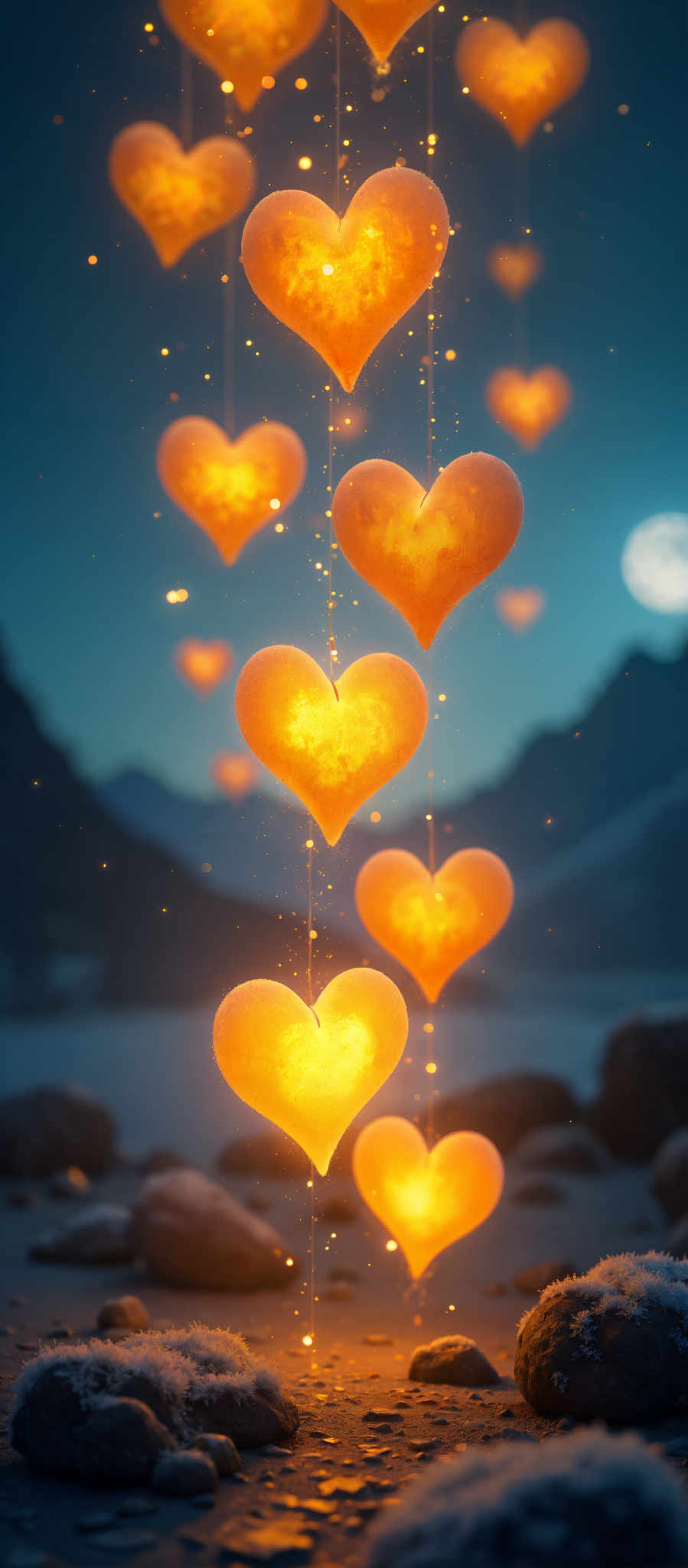 A series of orange hearts are floating in the air against a backdrop of a mountain range and a full moon.