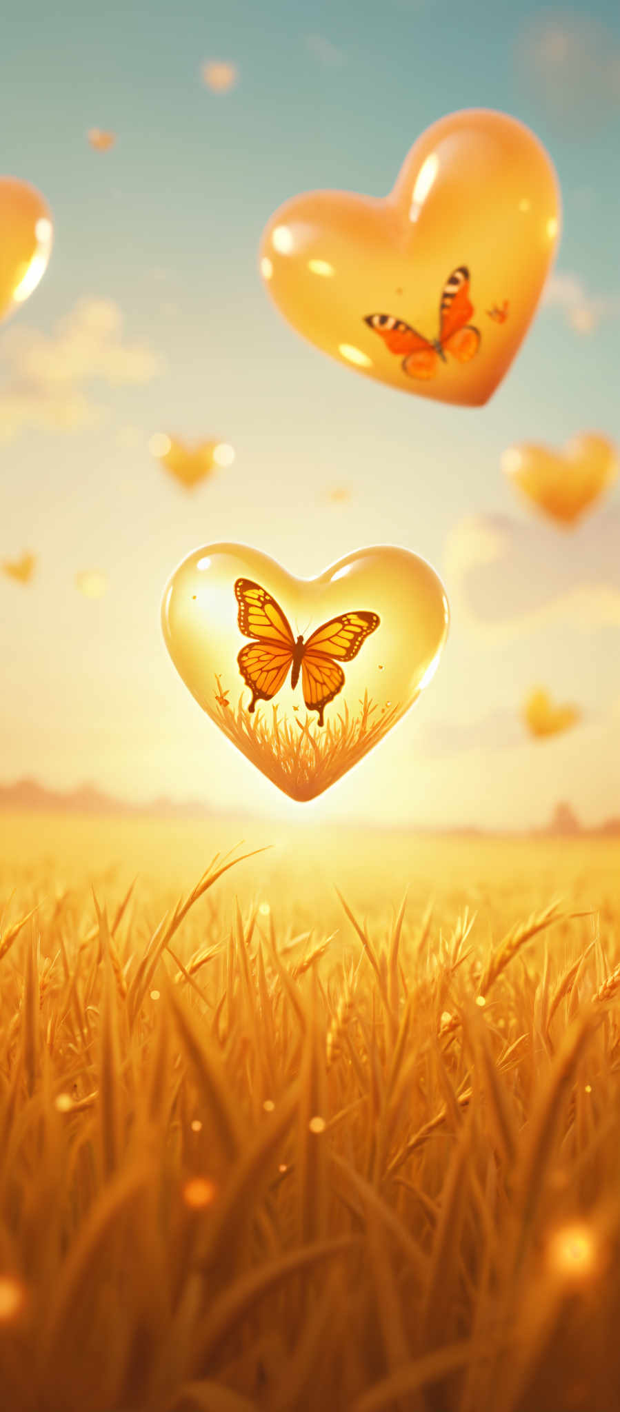 A heart-shaped butterfly is flying over a field of golden wheat.