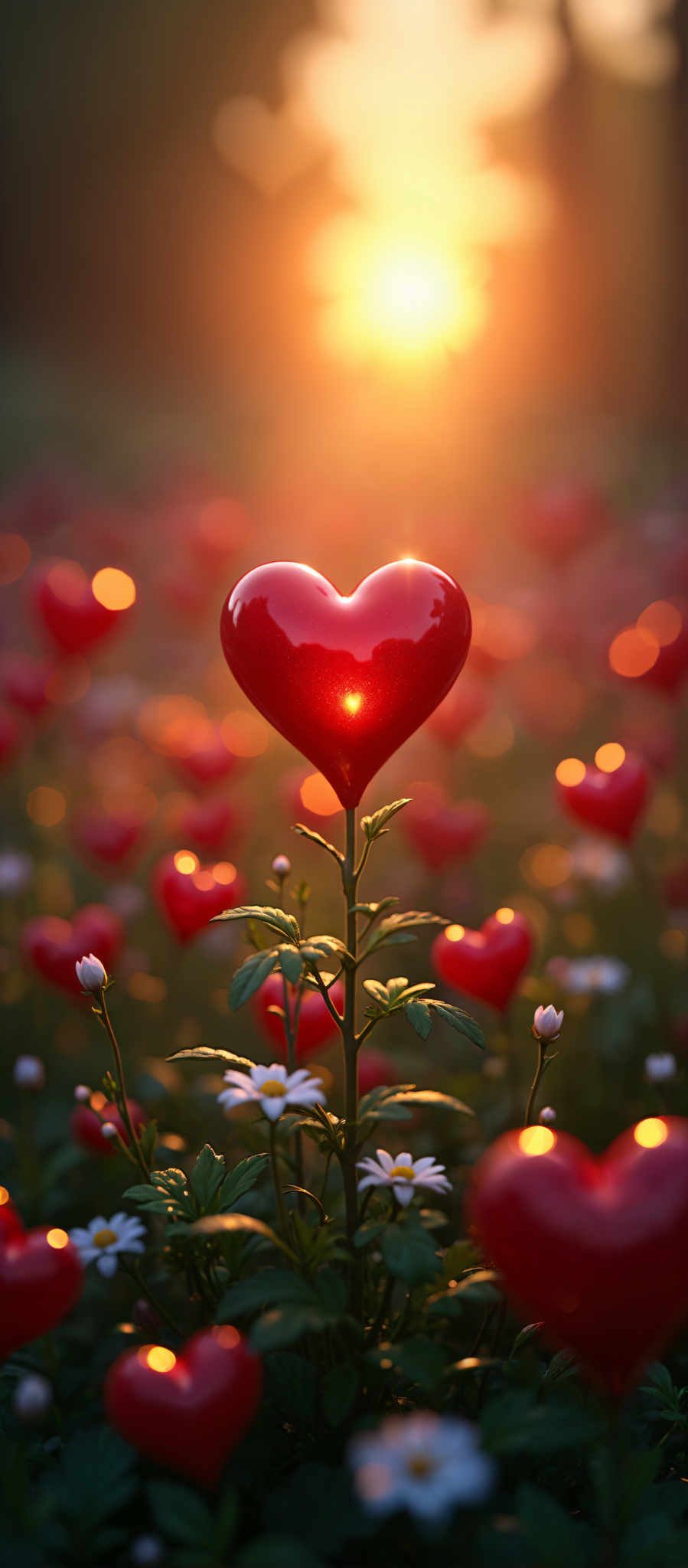 A heart-shaped red flower is surrounded by smaller red flowers.