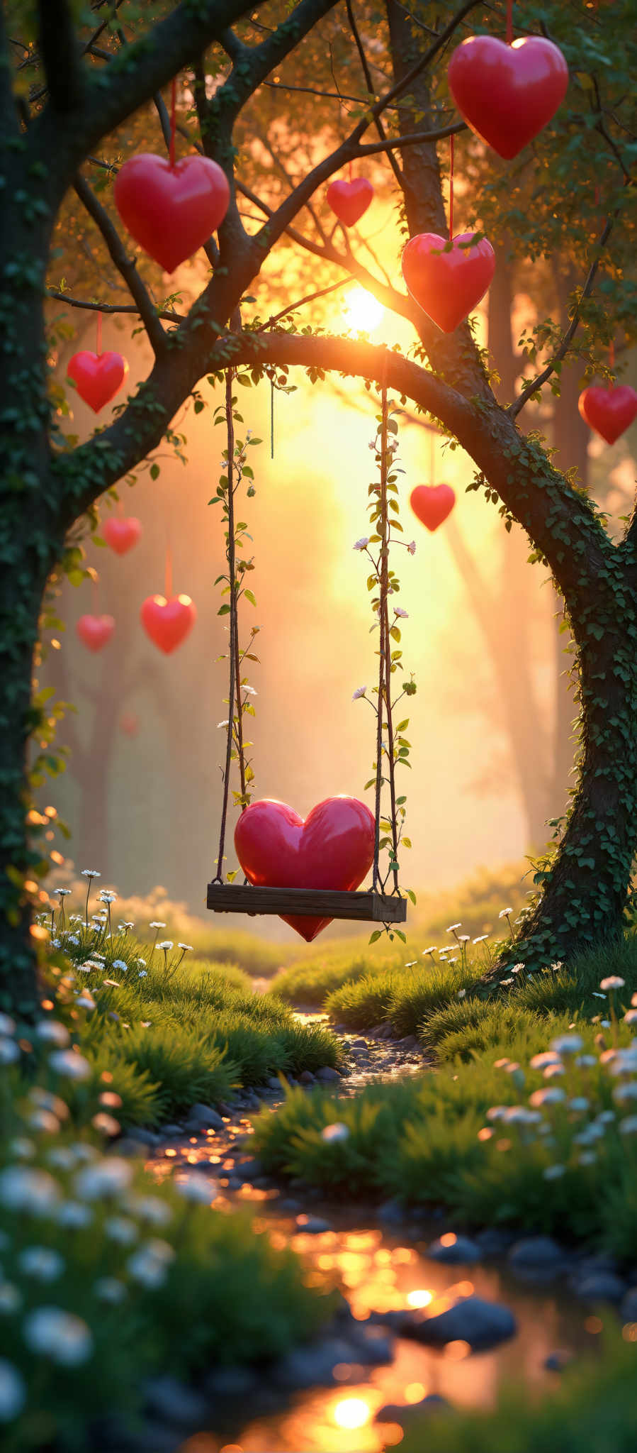 A heart-shaped swing hangs from a tree branch surrounded by daisies and other flowers.