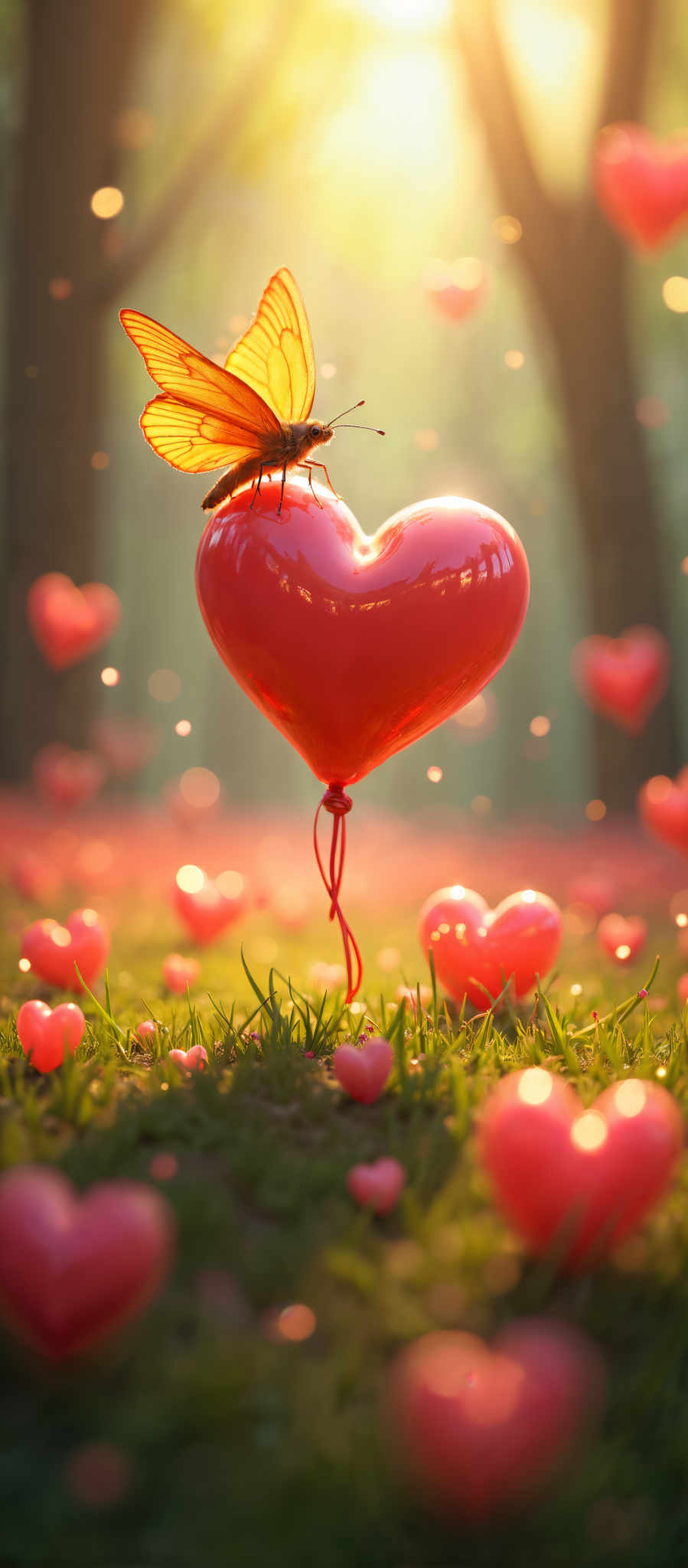 A heart-shaped balloon with a butterfly on top floats above a field of pink hearts.