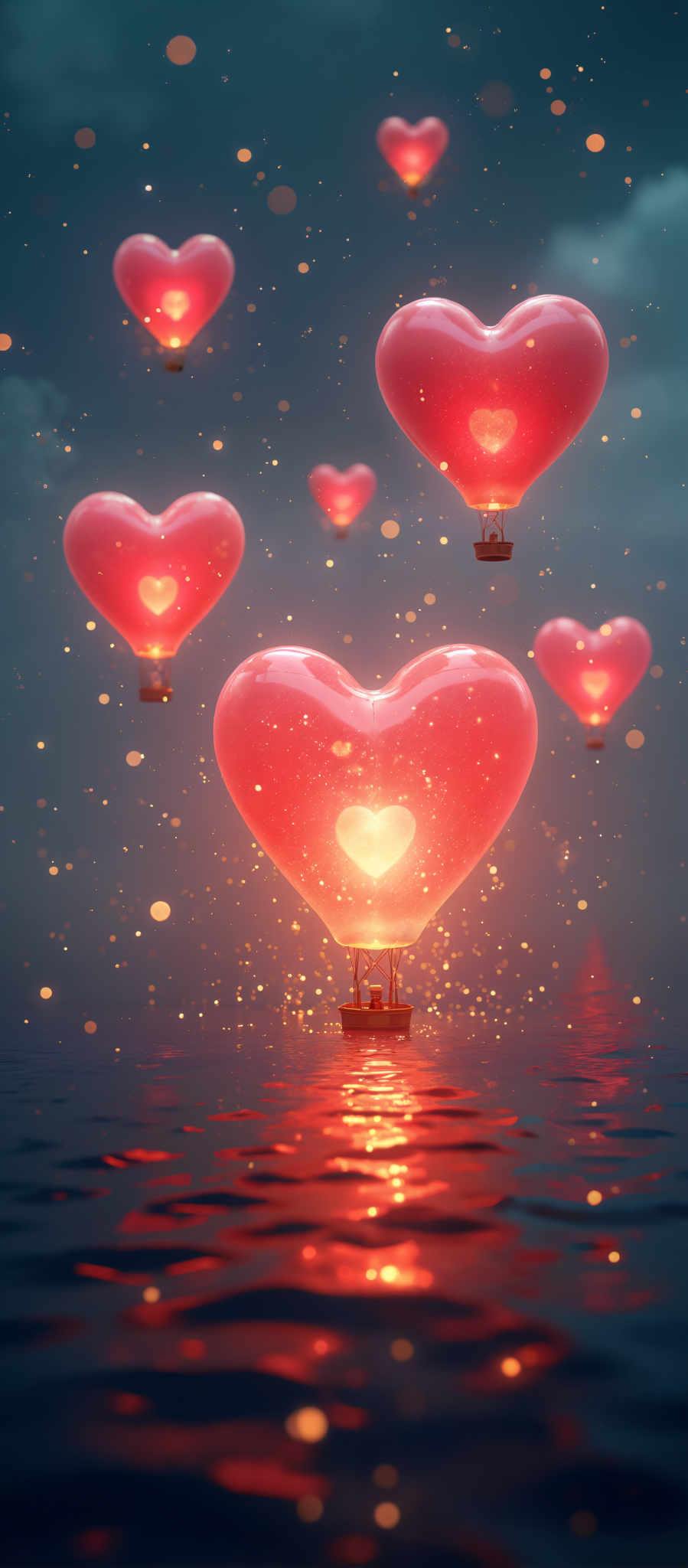 A heart-shaped balloon floats in the air surrounded by other heart-shaped balloons.