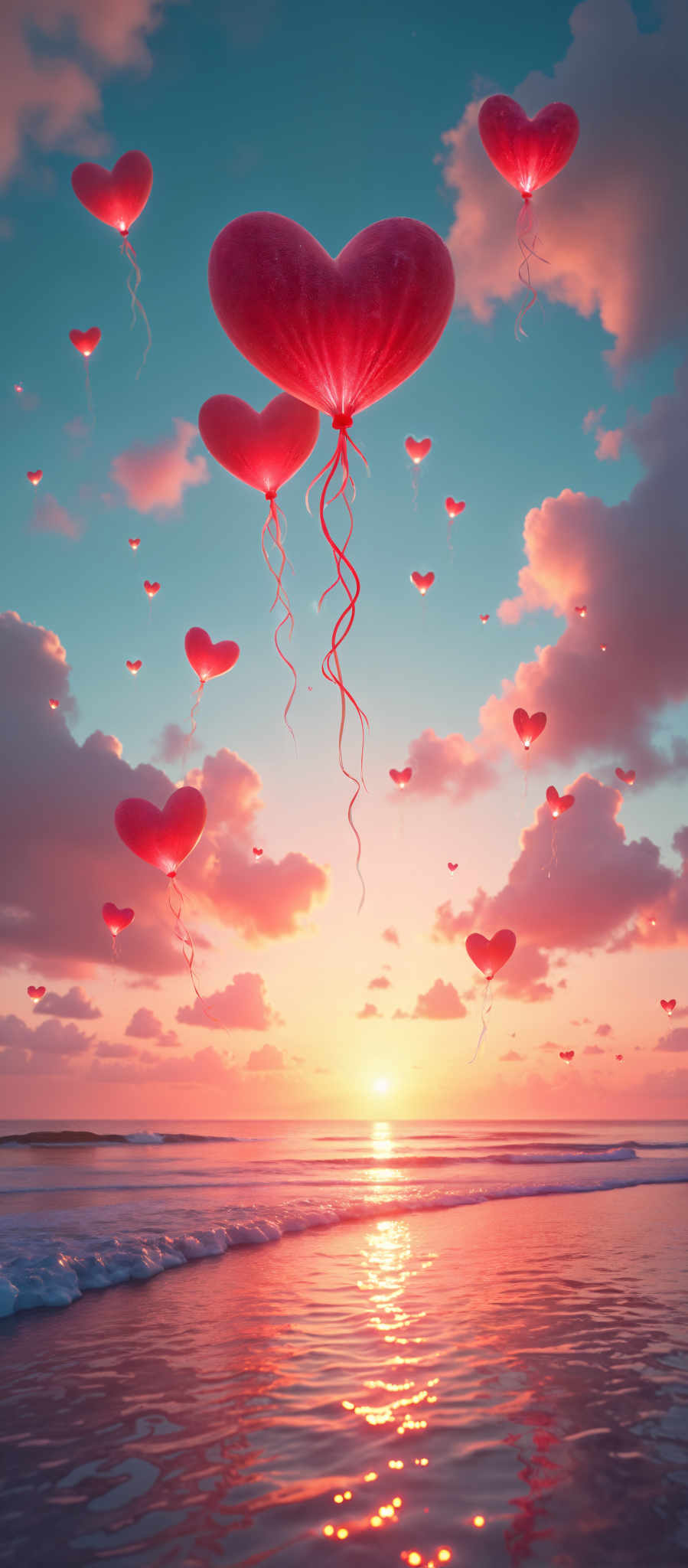 A beautiful sunset with a sky full of hearts and clouds.