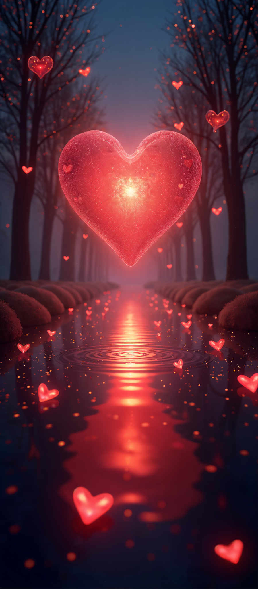 A heart-shaped light glows in the center of a forest surrounded by red hearts.