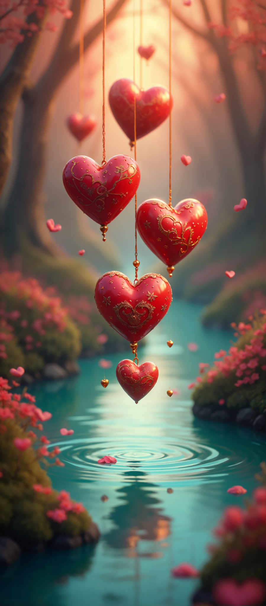 A series of red hearts float above a blue river each heart adorned with gold accents and a gold string.