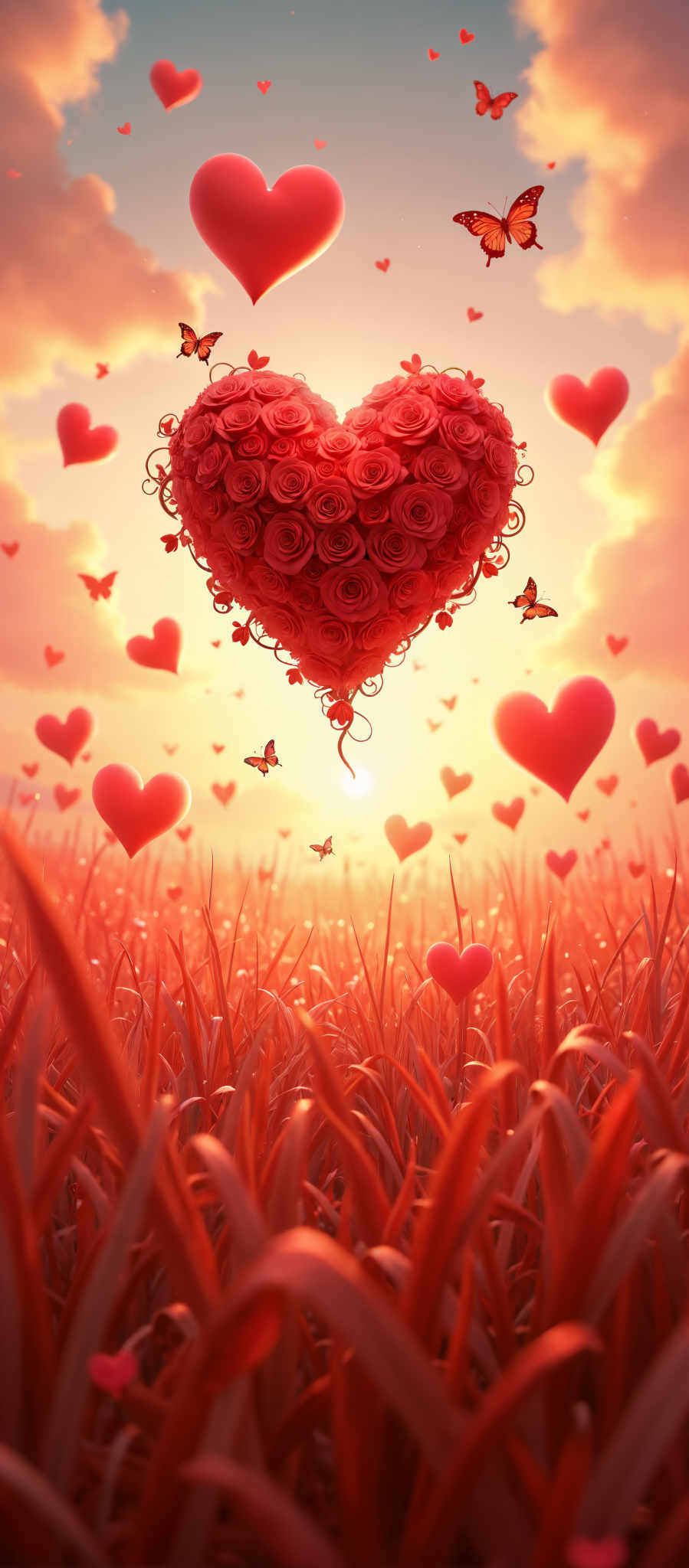 A heart-shaped balloon floats in the sky above a field of tall grass. The balloon is surrounded by butterflies and roses creating a beautiful and serene scene.