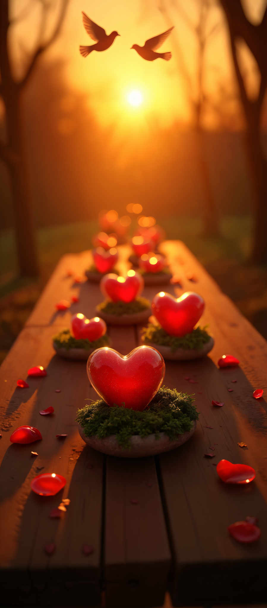 A wooden table is adorned with heart-shaped decorations.