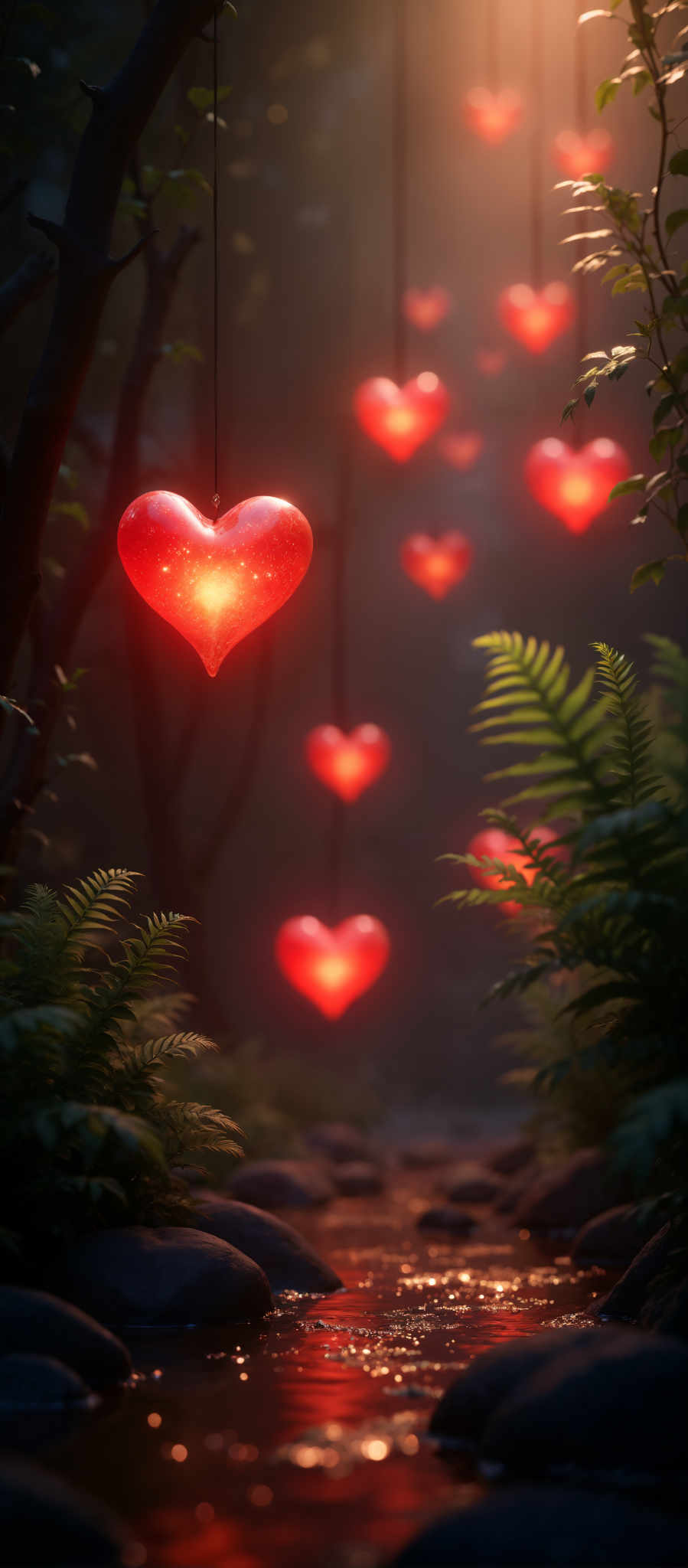 A heart-shaped light is hanging from a tree branch.