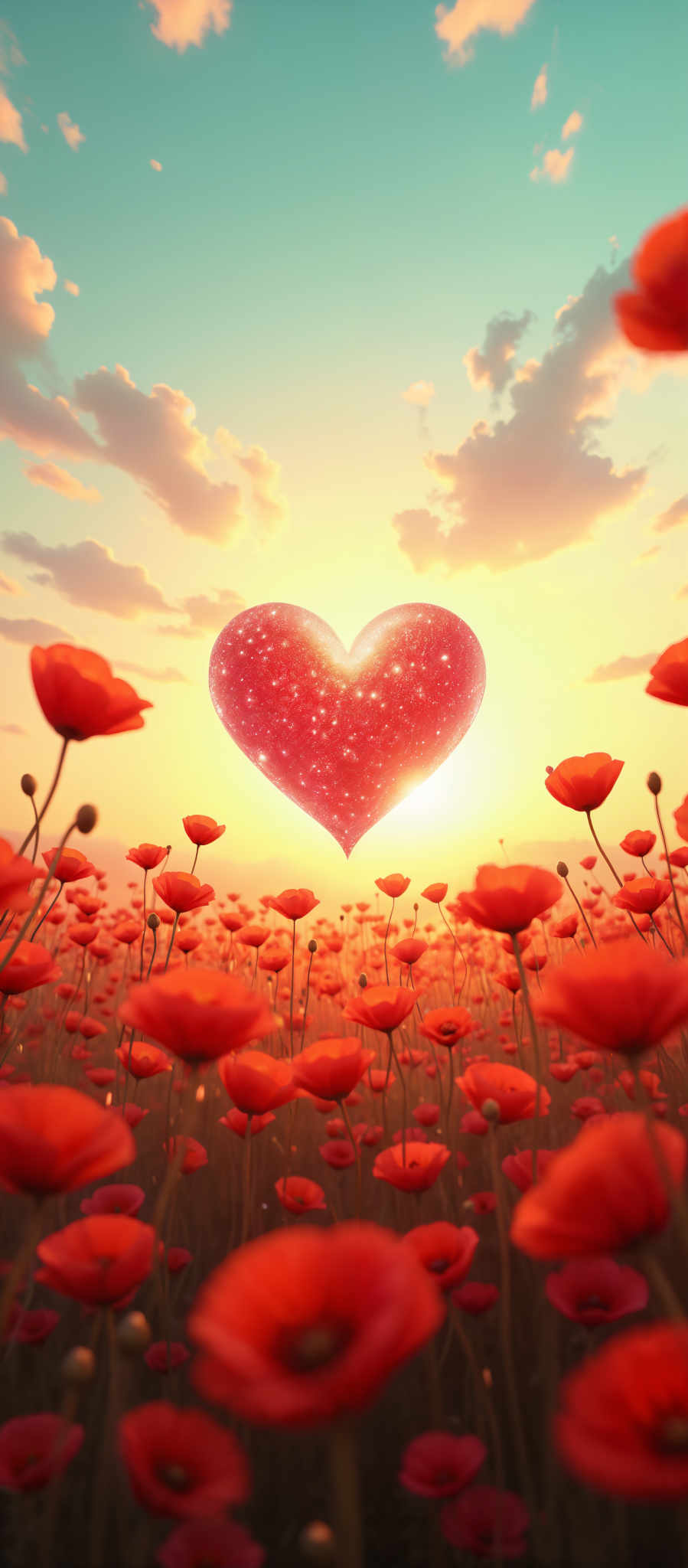 A heart-shaped object is surrounded by red flowers.