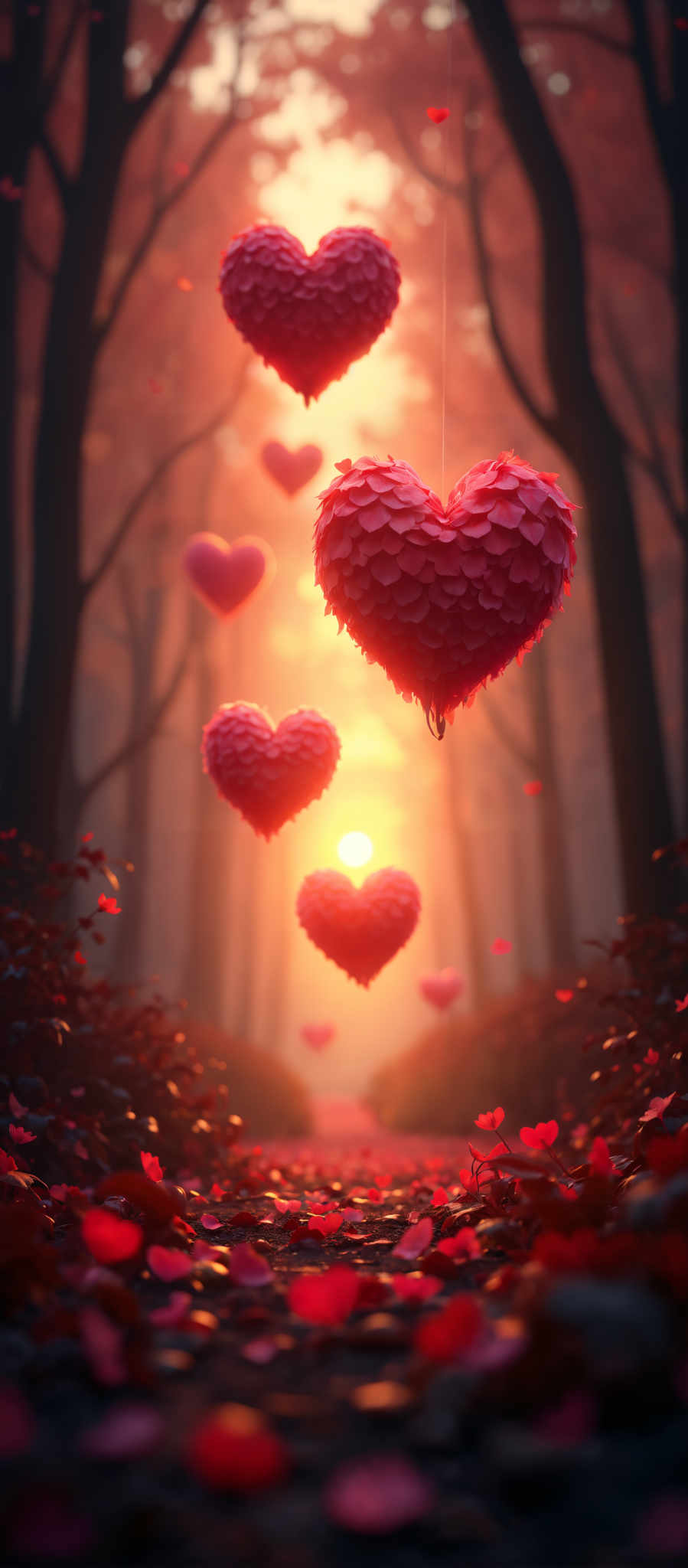 A forest of trees with hearts hanging from the branches.