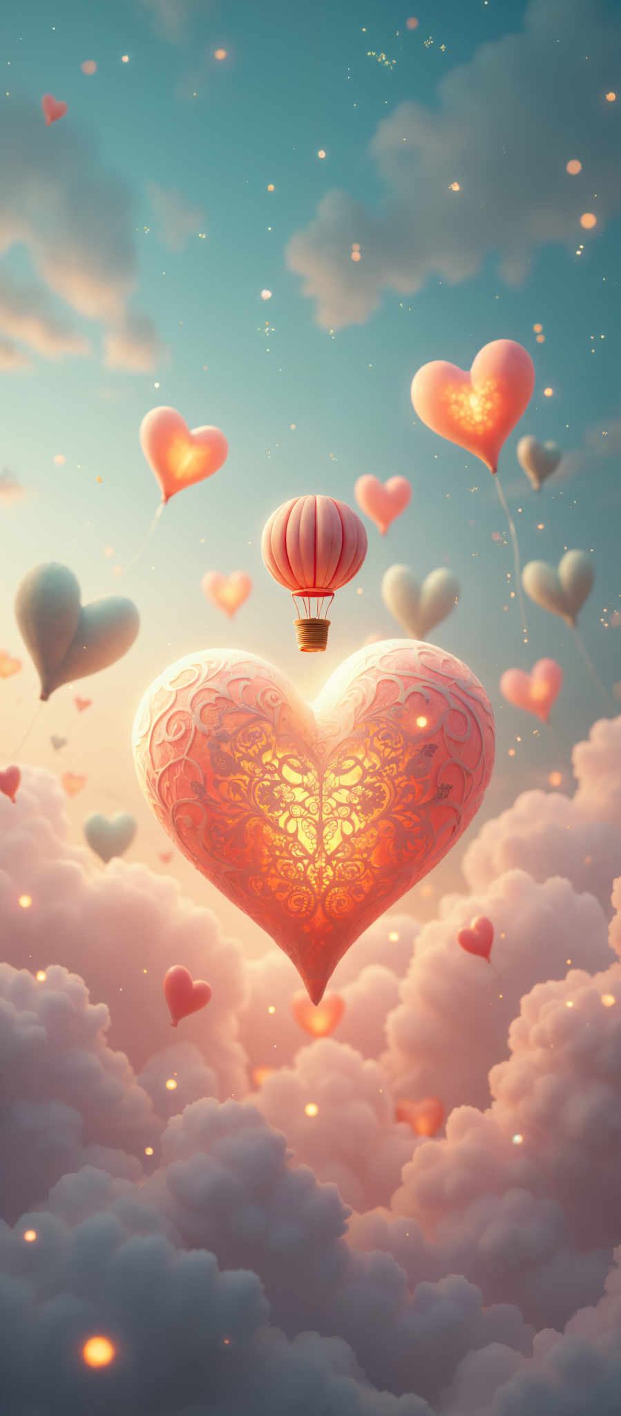 A heart-shaped balloon floats in the sky surrounded by other hearts.