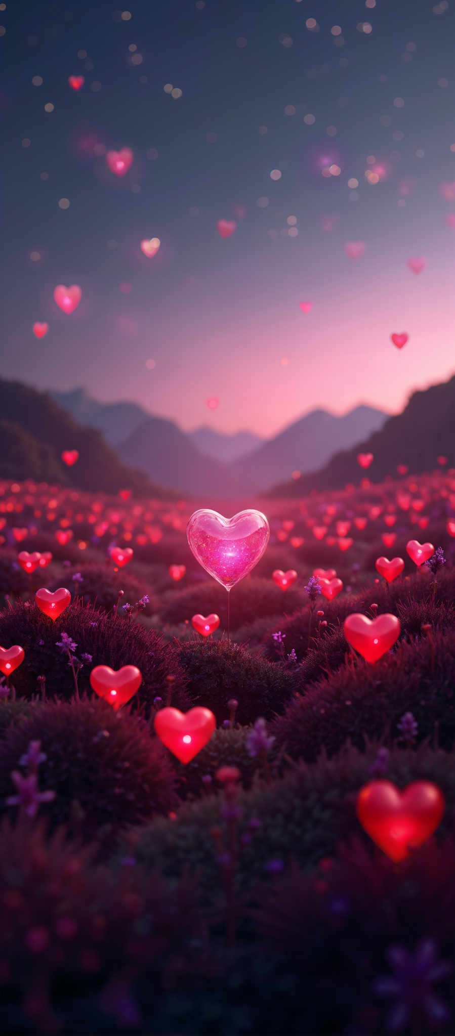 A heart-shaped balloon floats in a field of purple flowers.