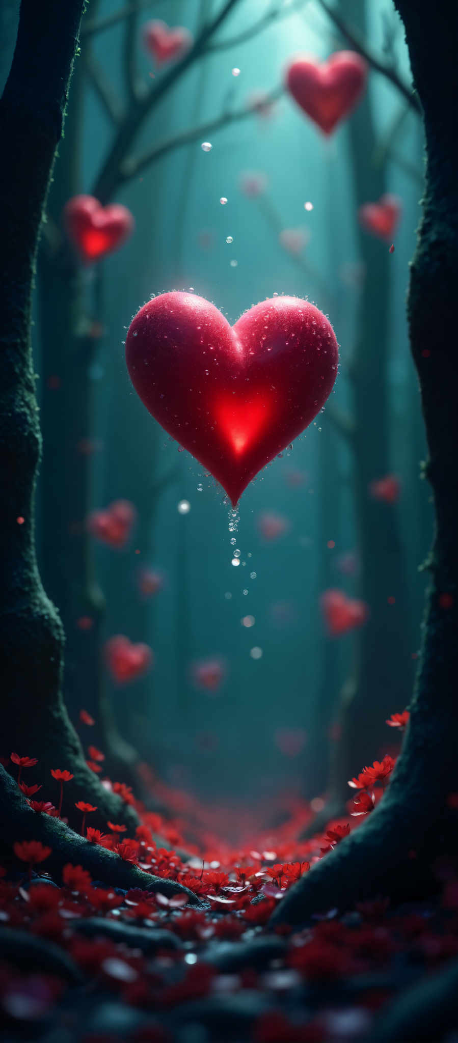 A heart-shaped object is suspended in the air surrounded by a forest of trees. The heart is red and is the only object in the image standing out against the dark blue background. The trees which are the main elements of the background are dark green and are scattered throughout the image in a way that creates a sense of depth. The image does not contain any text or other discernible objects. The relative position of the heart to the trees is central and it appears to be floating in the middle of the forest. The overall impression is of a serene and somewhat mysterious scene.