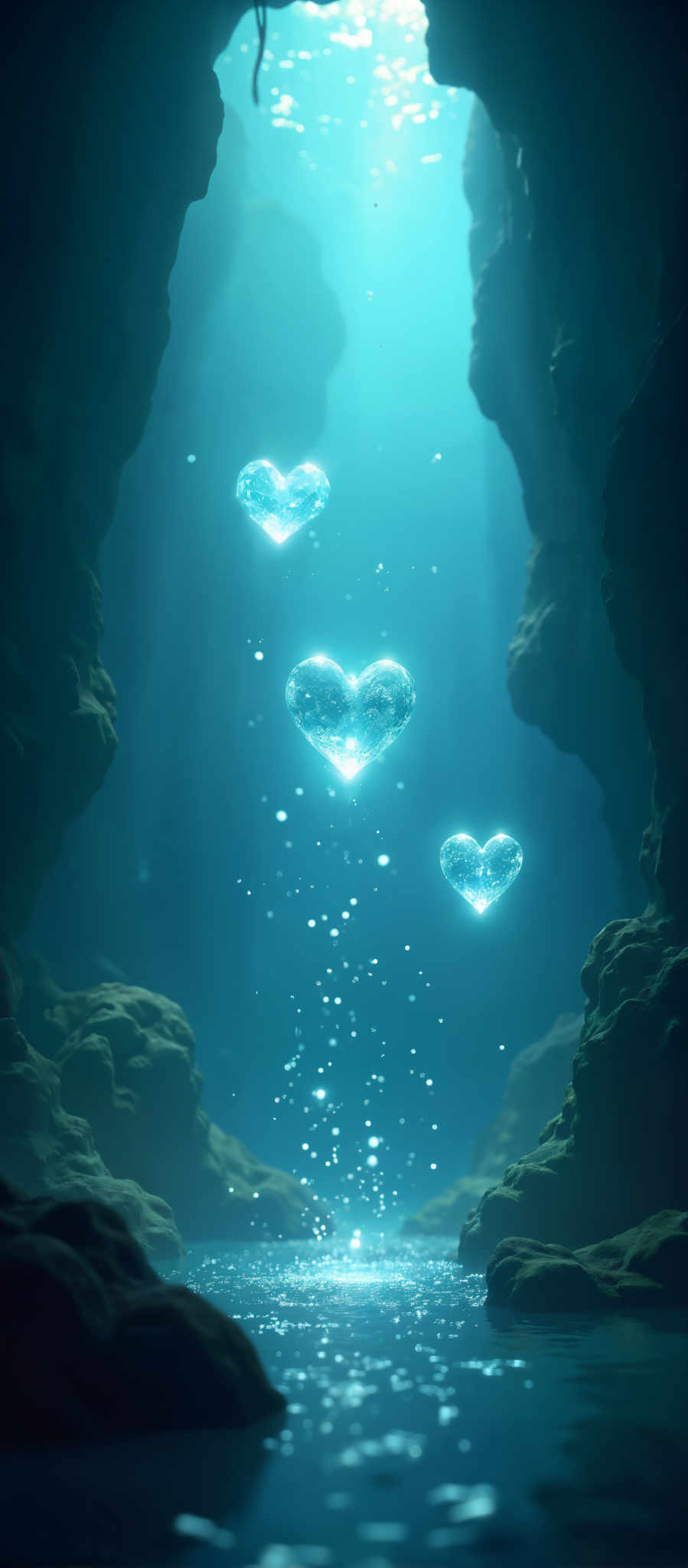 A heart-shaped light is floating in the middle of a dark blue ocean.