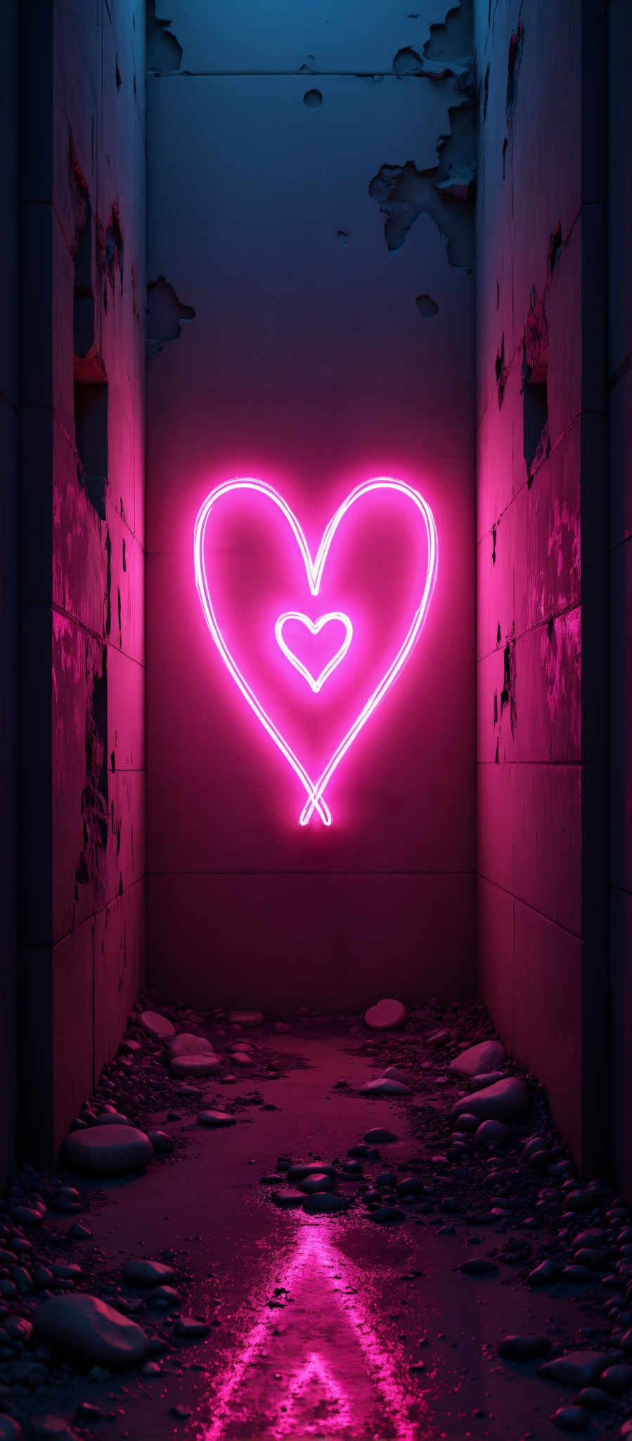 A neon heart sign is lit up in a dark room.