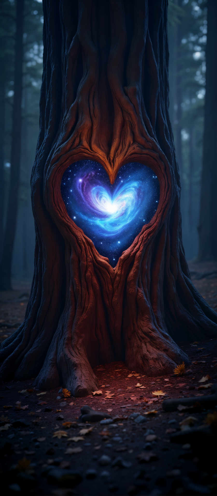 A heart-shaped hole in a tree trunk reveals a galaxy.