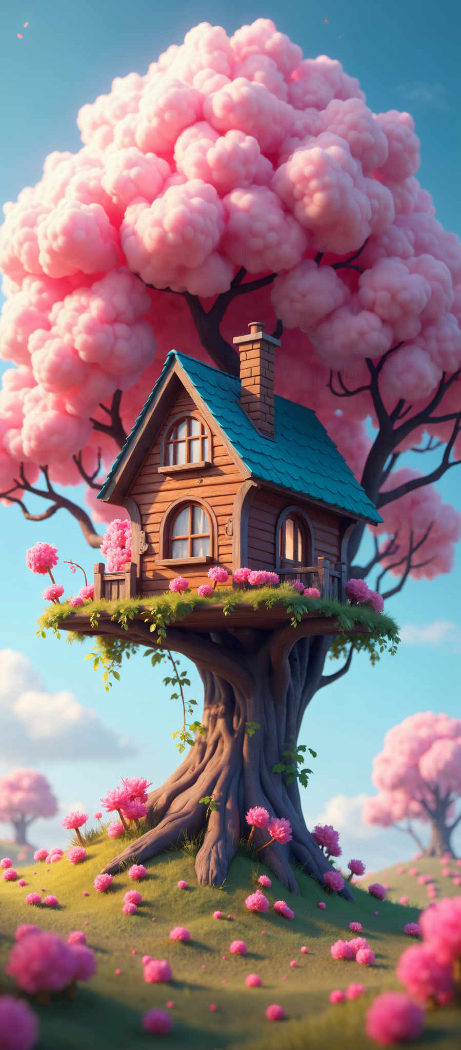 A whimsical scene features a house perched on a tree branch. The house constructed from wood boasts a blue roof and a chimney adding a touch of color to the otherwise brown structure. The tree branch on which the house sits is adorned with pink flowers lending a soft contrast to the scene. The backdrop is a clear blue sky dotted with fluffy white clouds creating a serene atmosphere. The image is a delightful blend of nature and architecture captured in a moment of stillness.