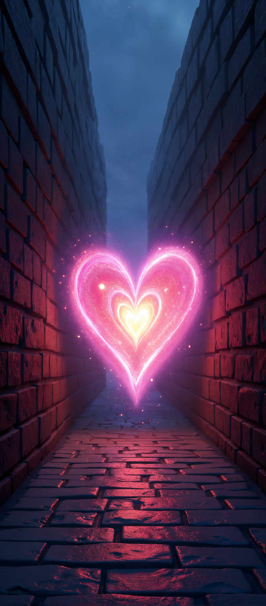 A heart-shaped light glows in the center of a brick tunnel.