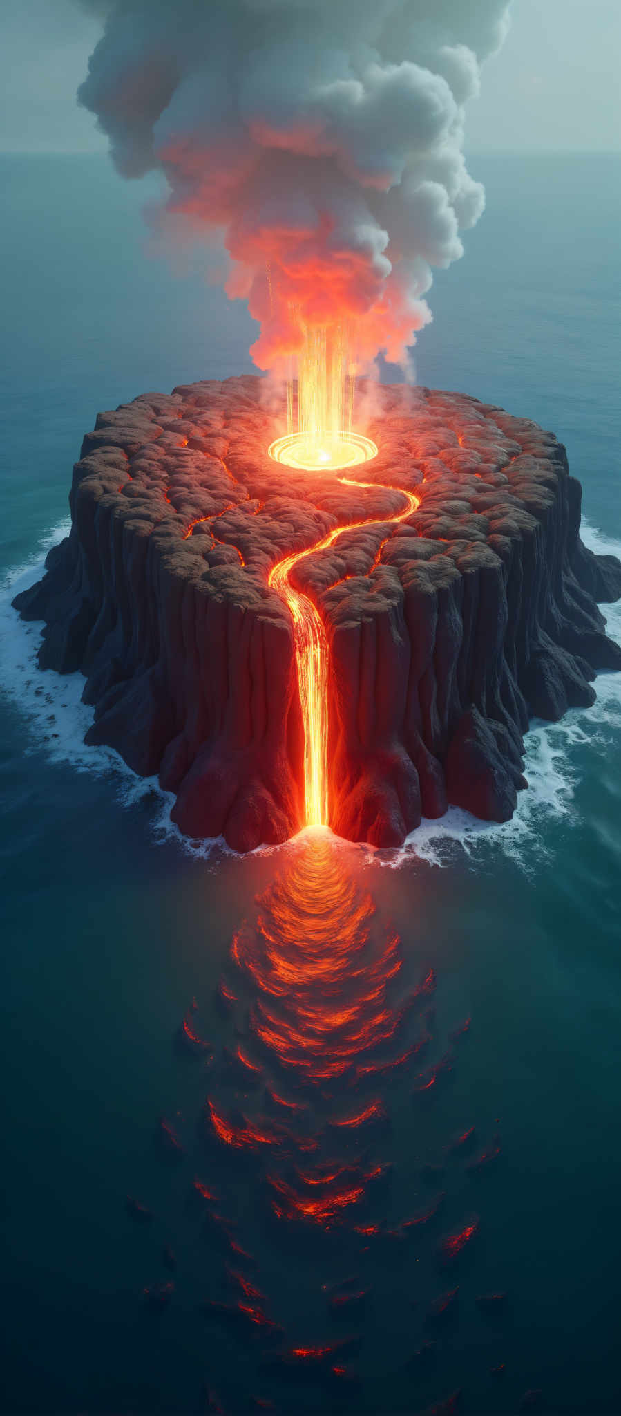 A lava flow from a volcano on a rocky island.