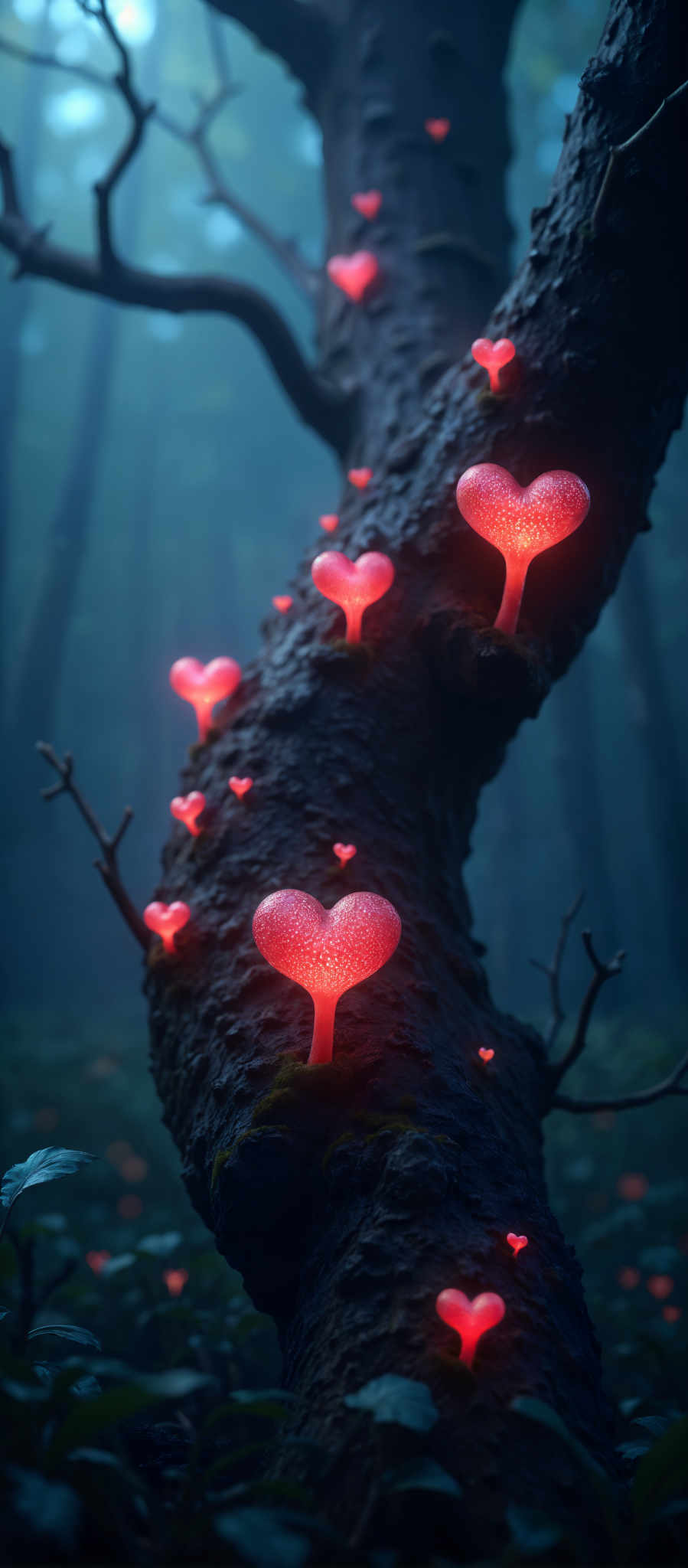 A tree with red hearts on it.